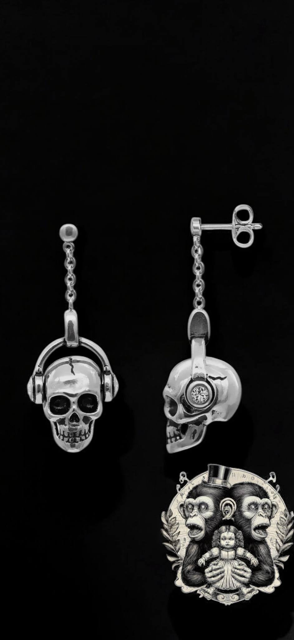 Skull with Headphone Pendant Earrings, Punk Rock, Witchy Halloween Gift Idea Oddity Jewelry Cosplay Dress Up Long Hanging