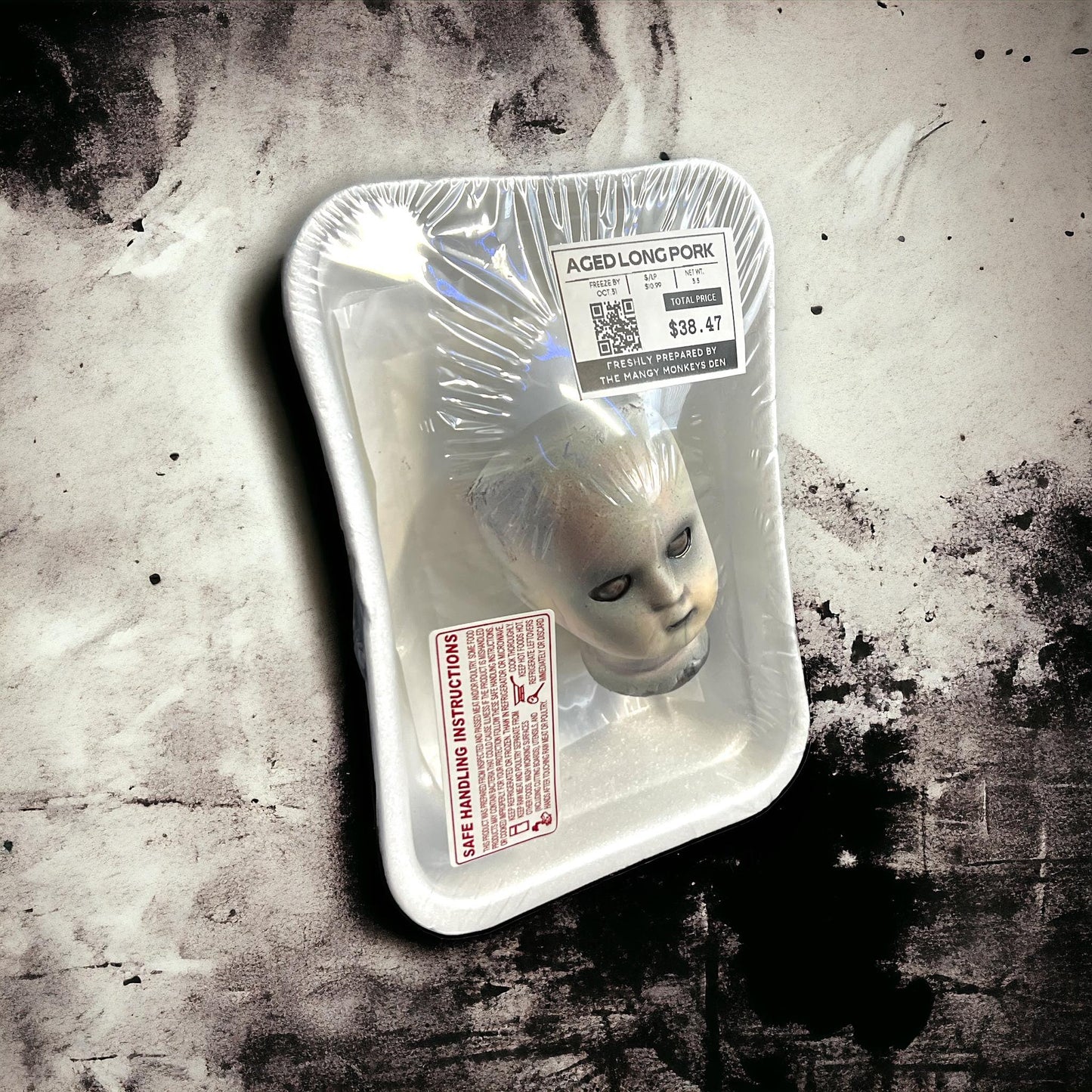 Vintage Package Meat Aged Long Pork Porcelain Doll Head Butcher Gothic Voodoo Witchcraft Curiosity, Oddity, Unique Gift Idea Specimen 2401