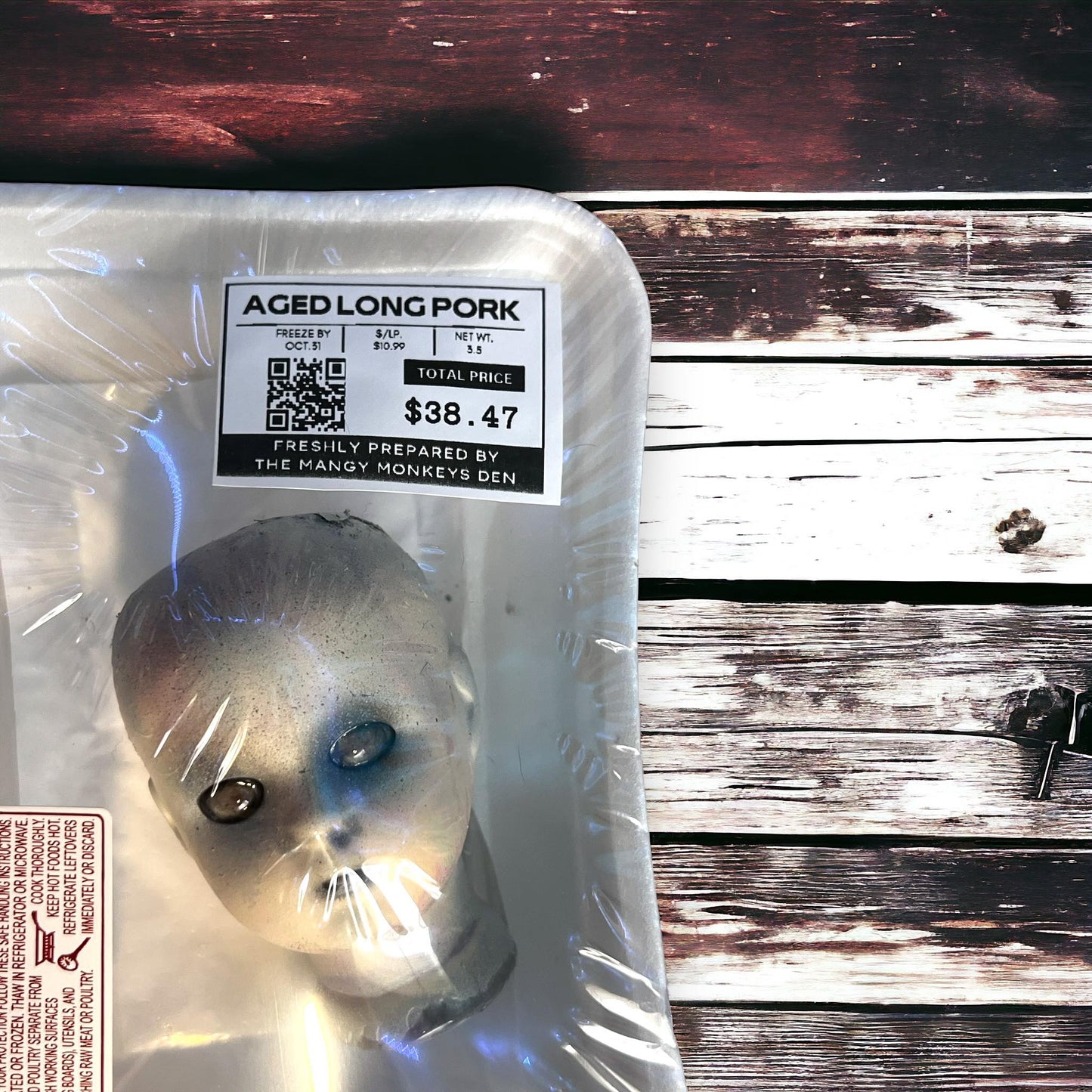 Vintage Package Meat Aged Long Pork Porcelain Doll Head Butcher Gothic Voodoo Witchcraft Curiosity, Oddity, Unique Gift Idea Specimen 2401