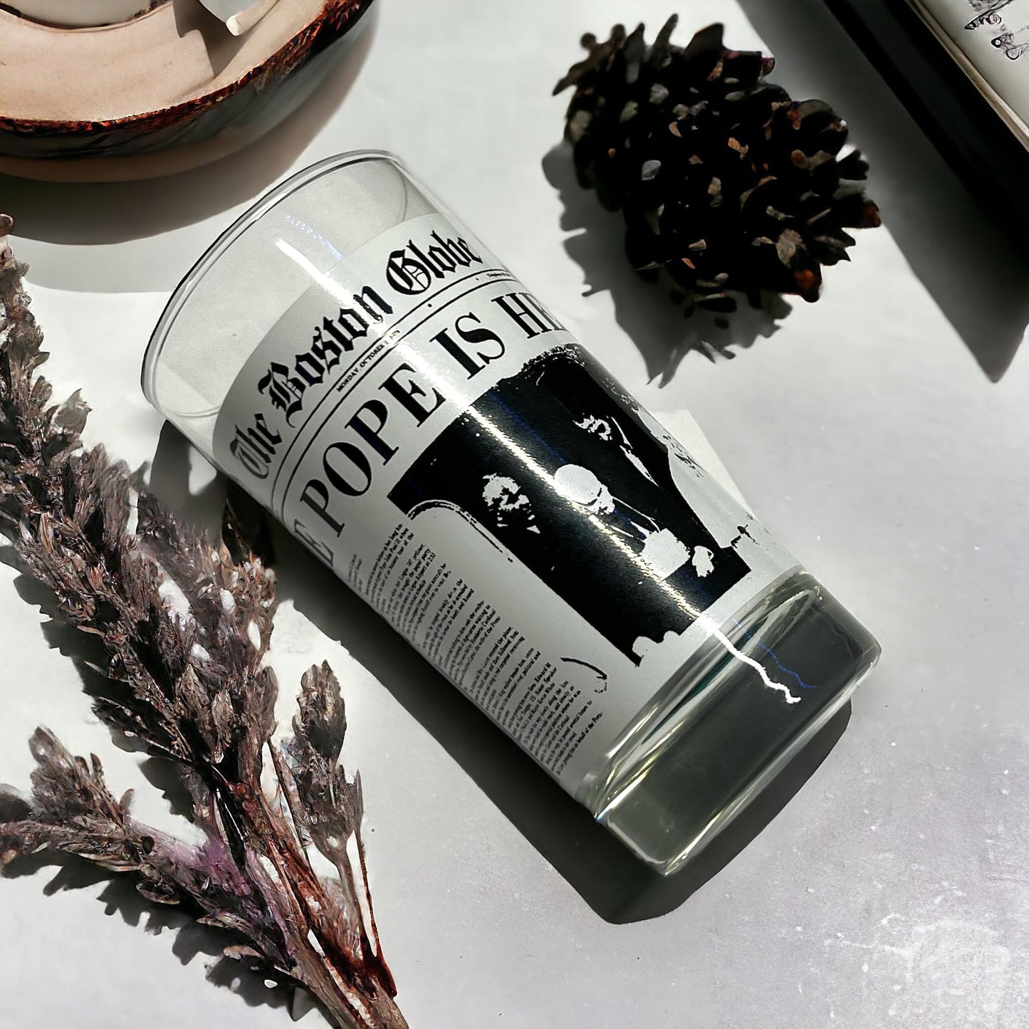 Vintage 1979 The Boston Globe The Pope Is Here Glass Drinking Graphic Newspaper Tumbler Curiosity, Oddity, Unique Gift Idea Religious