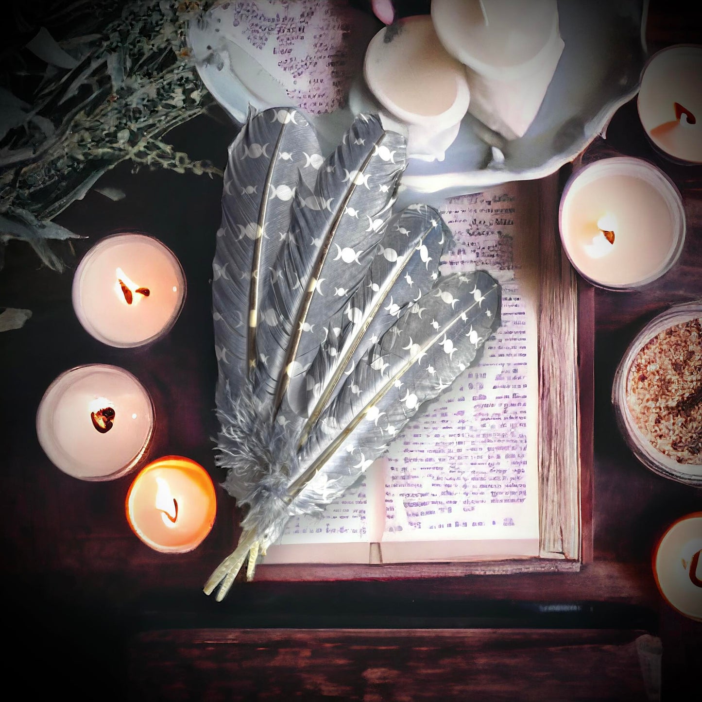 Triple Moon 12" Feather, Smudging Feathers, Feathers For Smudging or Decoration, Ethically sourced feathers, Spiritual Feathers Witchcraft