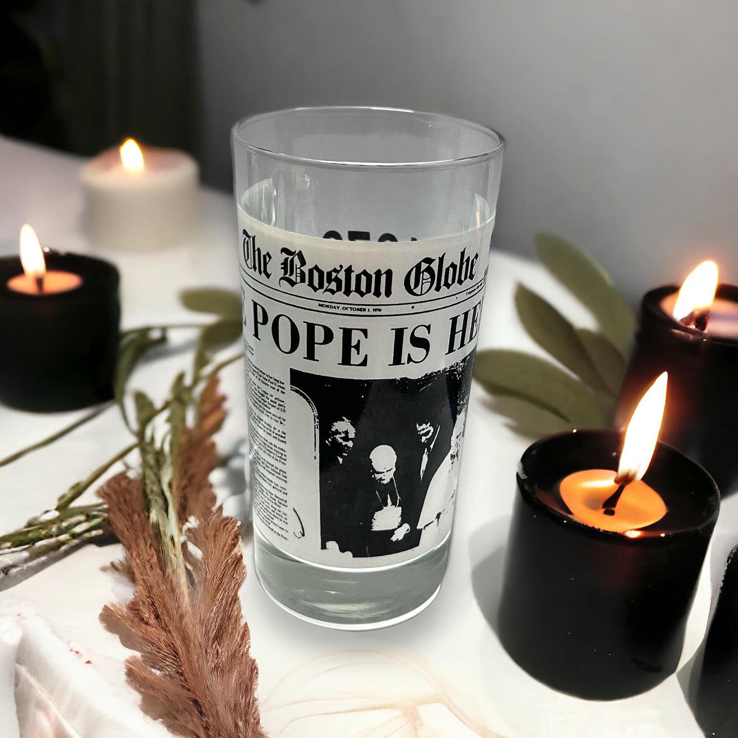 Vintage 1979 The Boston Globe The Pope Is Here Glass Drinking Graphic Newspaper Tumbler Curiosity, Oddity, Unique Gift Idea Religious