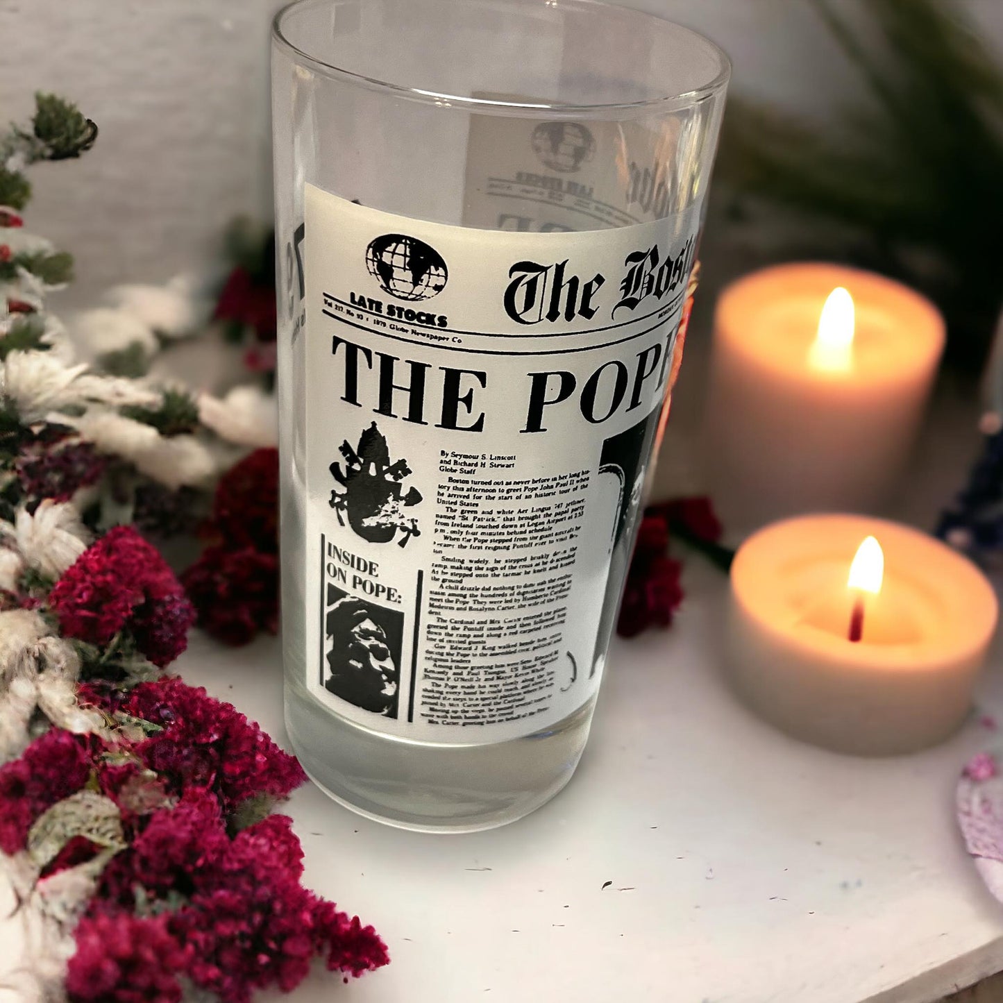 Vintage 1979 The Boston Globe The Pope Is Here Glass Drinking Graphic Newspaper Tumbler Curiosity, Oddity, Unique Gift Idea Religious