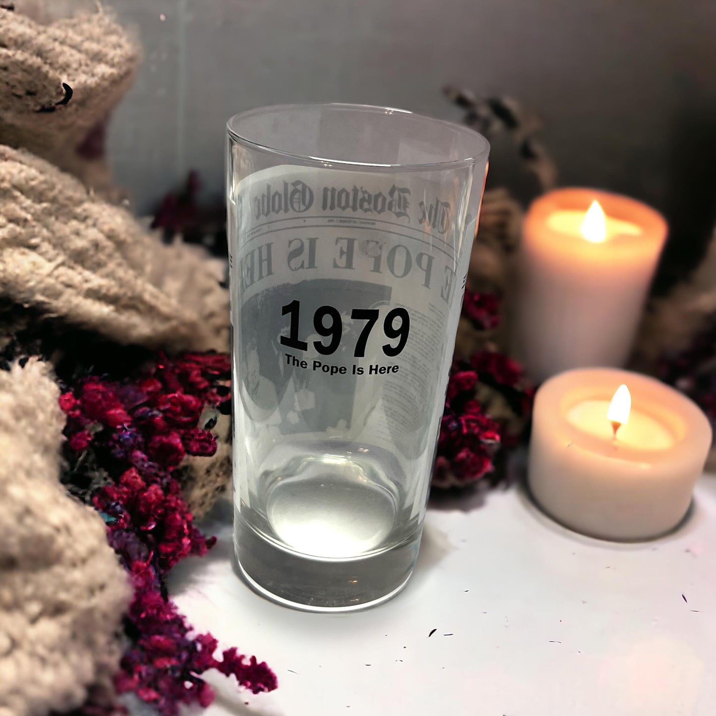 Vintage 1979 The Boston Globe The Pope Is Here Glass Drinking Graphic Newspaper Tumbler Curiosity, Oddity, Unique Gift Idea Religious