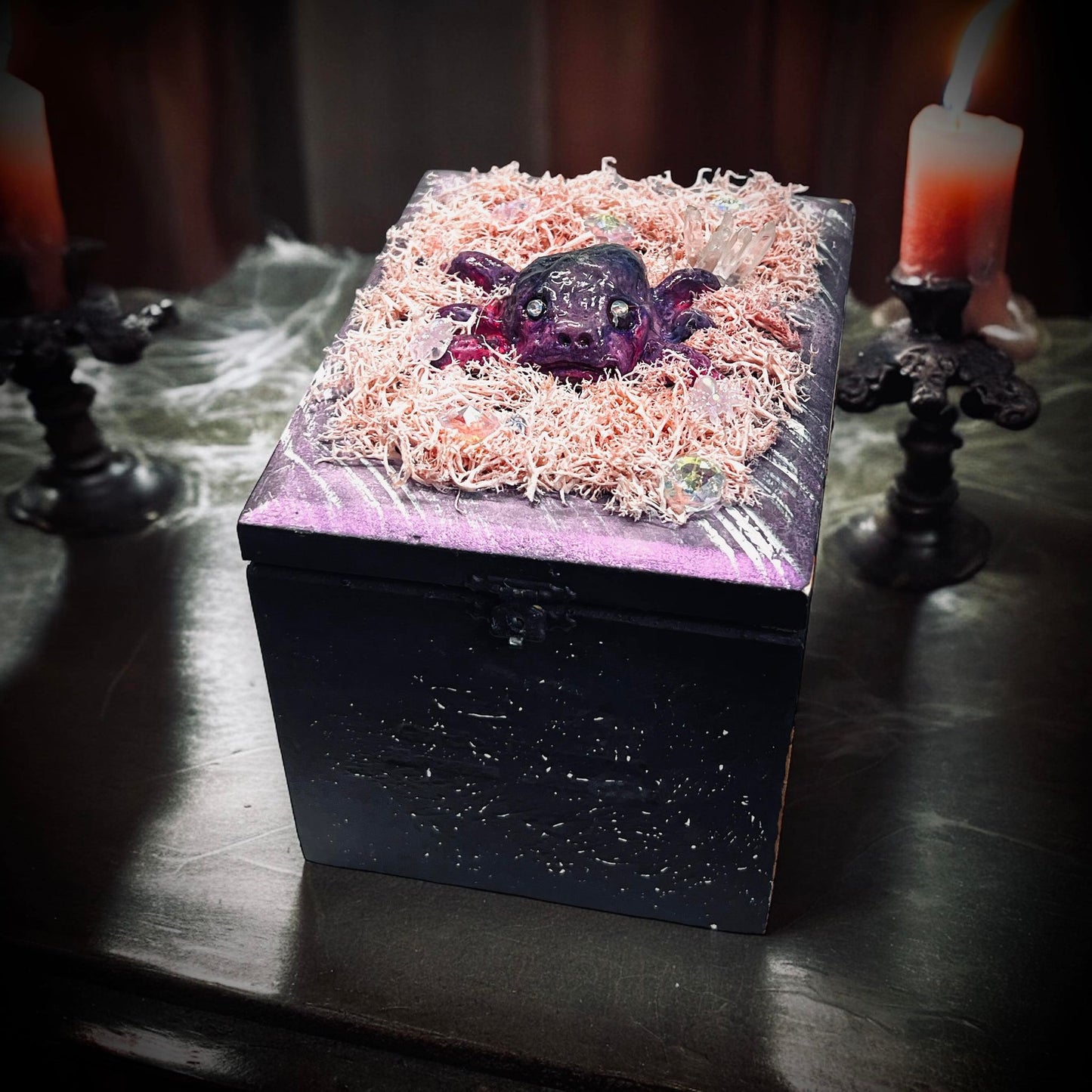 Familiar Witch Wooden Box Trinket Oddity Box Clay Sculpture Curiosity, Oddity, Unique Gift Idea, Creepy Unusual Hand Crafted One of a Kind