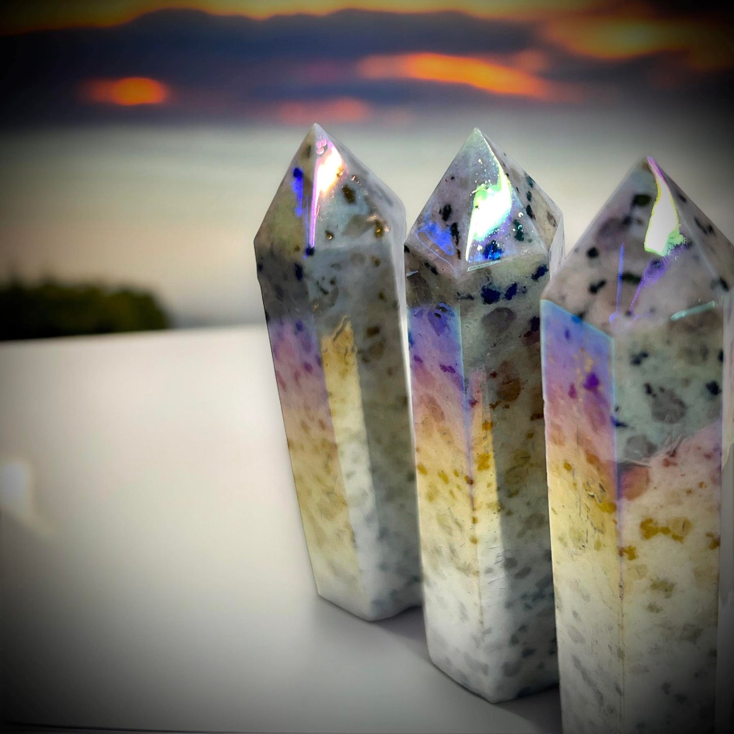 Rainbow Aura Kiwi Jasper Obelisk Tower Crystal Point Oddity, Witchcraft, Rituals, Energy Meditation spiritual, meditation, metaphysical