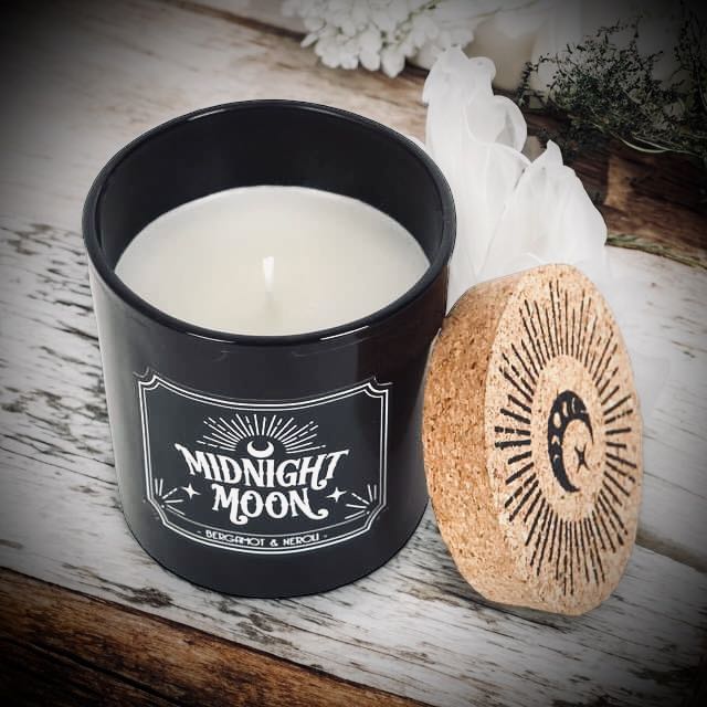 Midnight Moon Bergamot & Neroli Gothic Candle Paraffin Wax Cork Stopper Witch Oddity Halloween Altar Occult Gift Idea Glass Jar Wick Candle