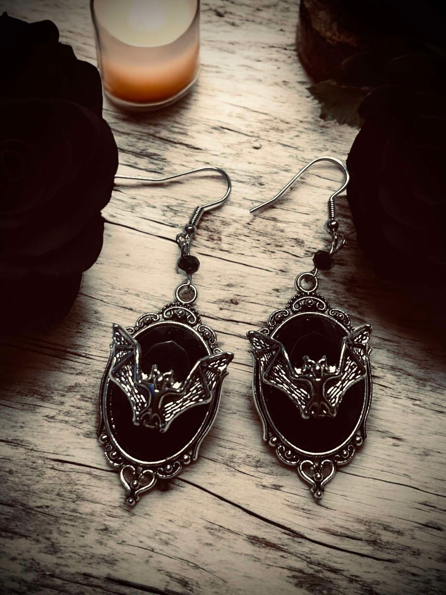 Black Gem Bat Dangle Earrings, Punk Hanging Earrings, Gothic Pendant Earrings, Witchy Earrings, Unique Halloween Gifts Oddity Jewelry Wiccan
