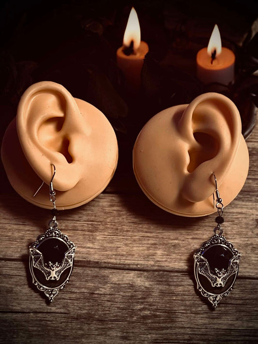 Black Gem Bat Dangle Earrings, Punk Hanging Earrings, Gothic Pendant Earrings, Witchy Earrings, Unique Halloween Gifts Oddity Jewelry Wiccan