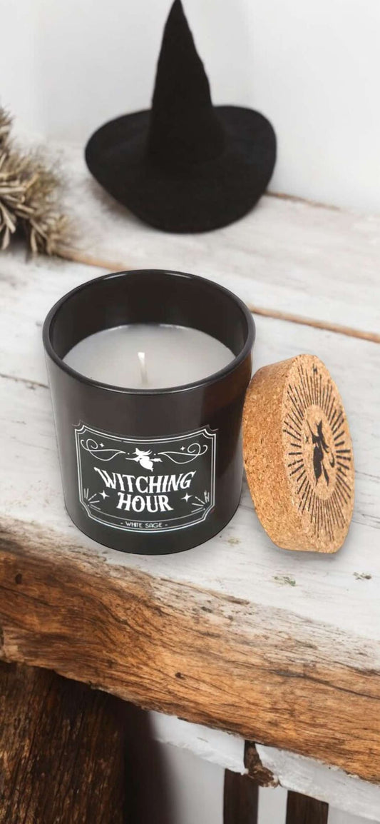 Witching Hour White Sage Gothic Candle Paraffin Wax Cork Stopper Witch Oddity Halloween Altar Occult Gift Idea Glass Jar Wick Candle
