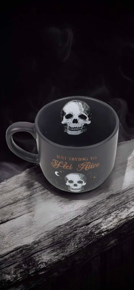 Just Trying To Feel Alive Skull 12oz Coffee Mug Ceramic Oddities Gift Idea Halloween Fall Occult Spooky Mystic Paranormal Witch Fall Decor