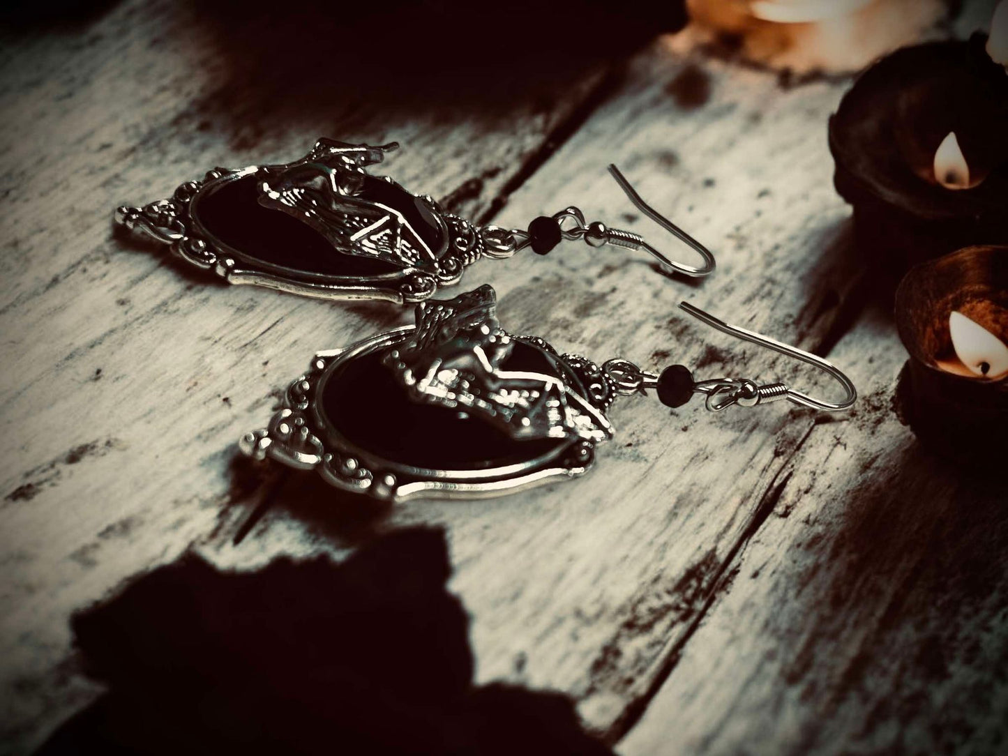 Black Gem Bat Dangle Earrings, Punk Hanging Earrings, Gothic Pendant Earrings, Witchy Earrings, Unique Halloween Gifts Oddity Jewelry Wiccan