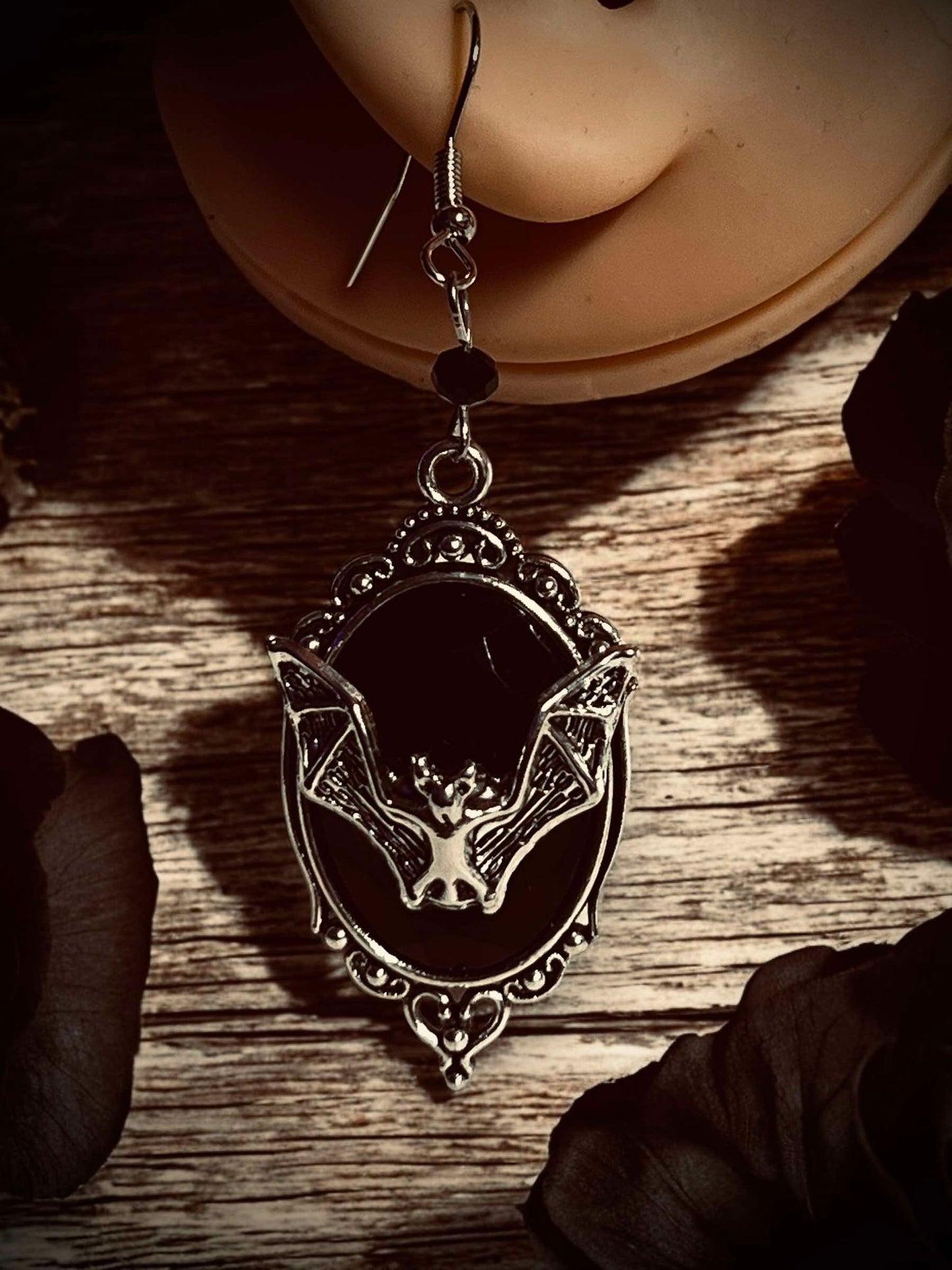 Black Gem Bat Dangle Earrings, Punk Hanging Earrings, Gothic Pendant Earrings, Witchy Earrings, Unique Halloween Gifts Oddity Jewelry Wiccan