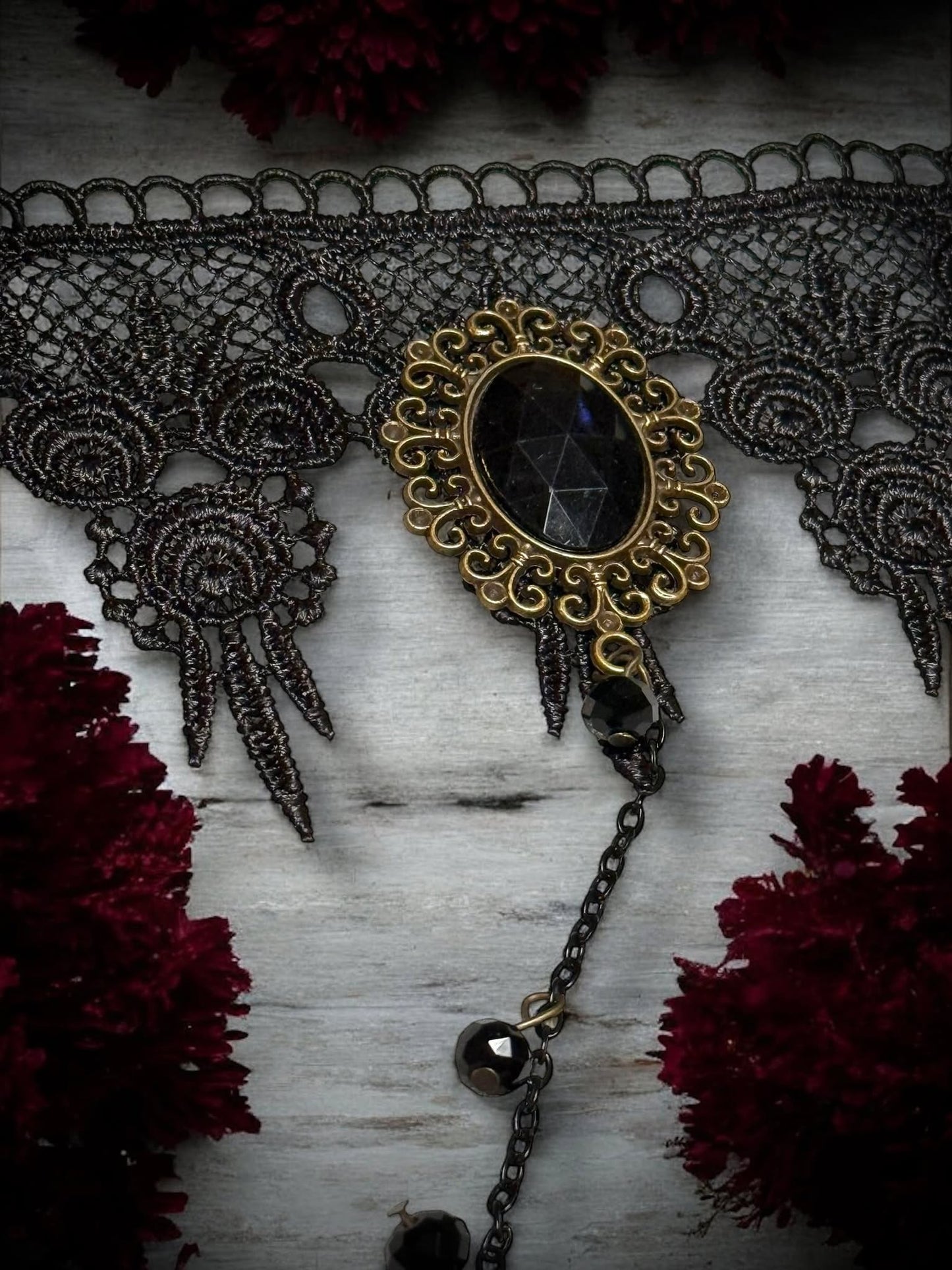 Black Rose Lace Faux Gem Punk Ring Adjustable Bracelet Gift Idea Oddity Jewelry Gothic Halloween Costume Woman Fantasy Vampire Dress Up Punk