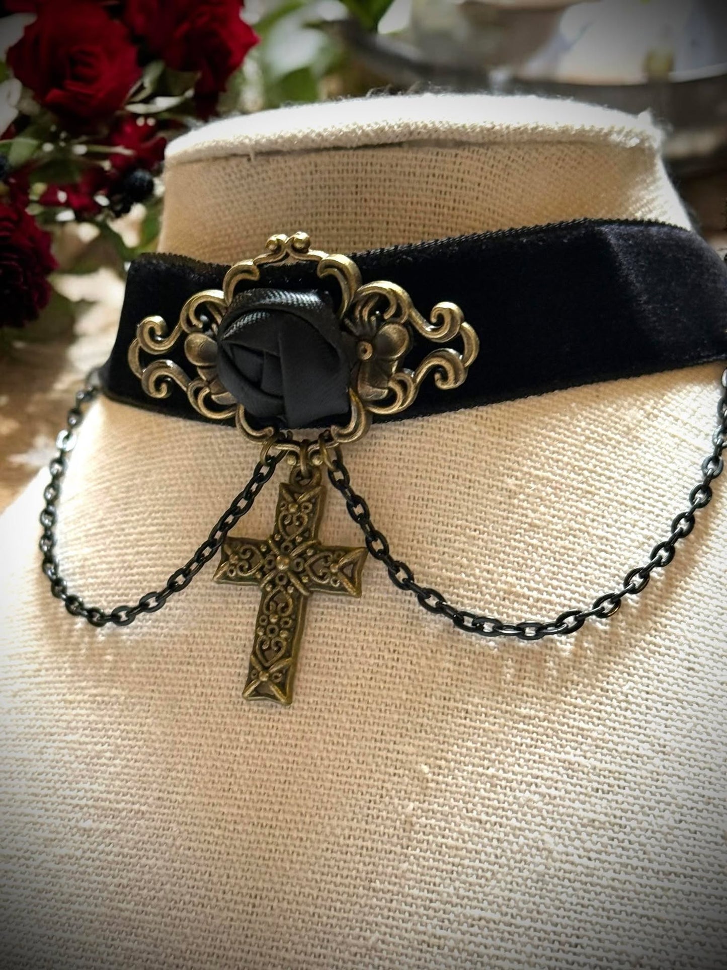 Gothic Black Rose Cross Chain Gothic Choker Necklace Gift Idea Oddity Jewelry Gothic Costume Woman Fantasy Vampire Dress Up Steam Punk #259