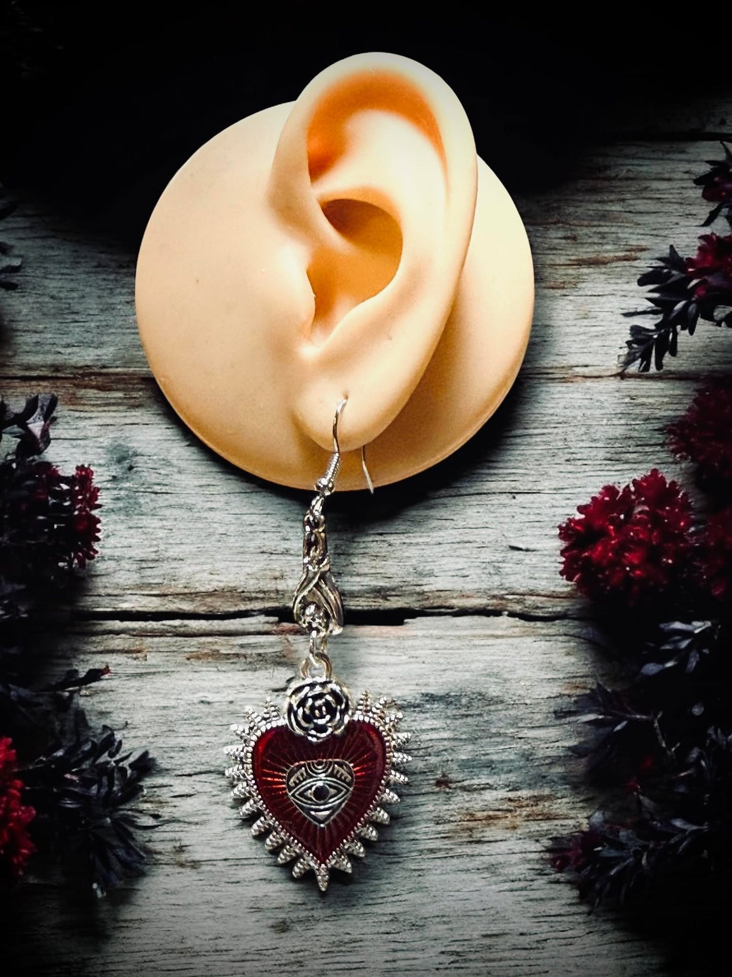 Gothic Red Heart Shaped Rose Bat Silver Dangle Earrings, Punk Rock, Witchy Halloween Gift Idea Oddity Jewelry Cosplay Dress Up Long Hanging