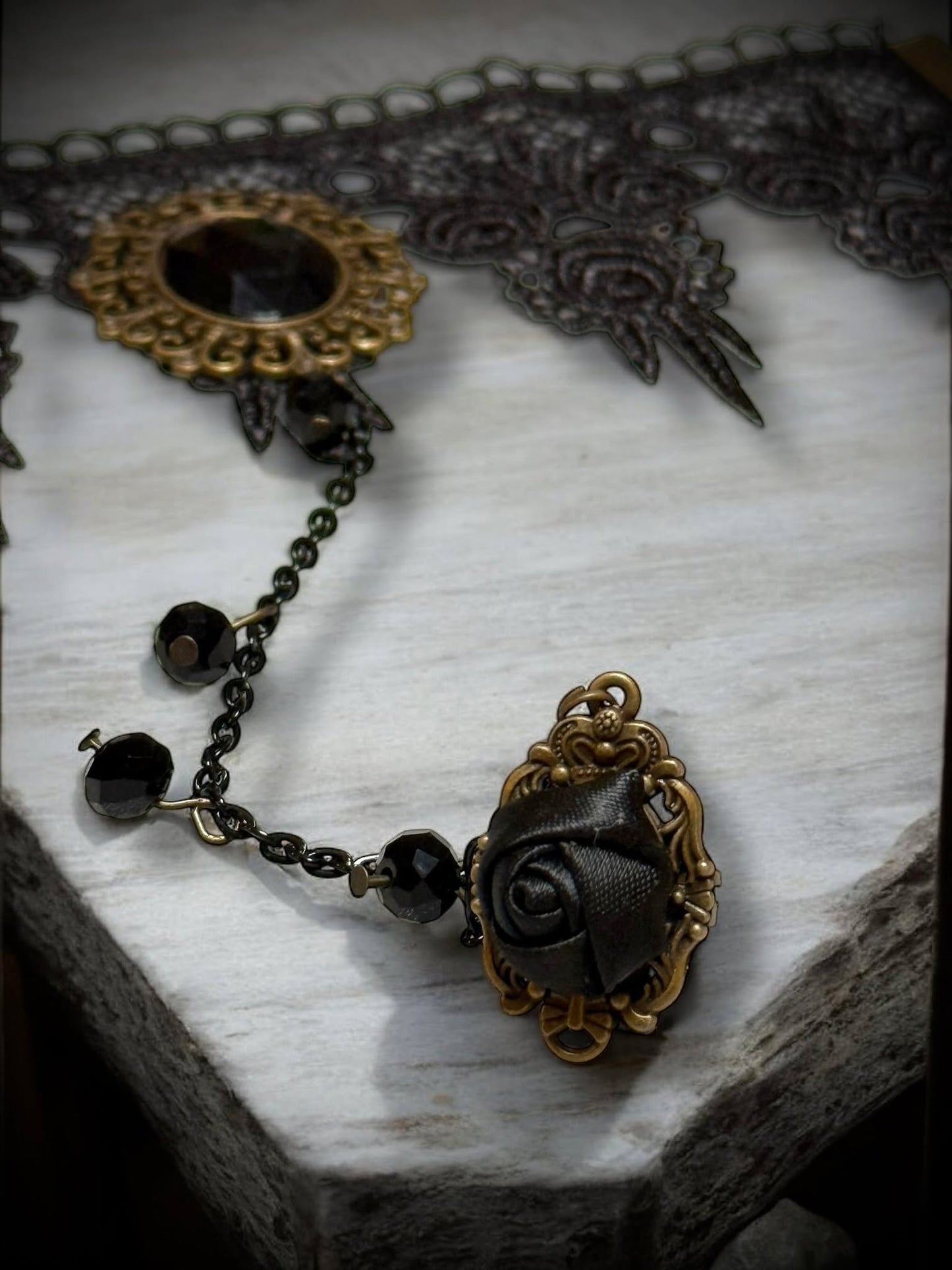 Black Rose Lace Faux Gem Punk Ring Adjustable Bracelet Gift Idea Oddity Jewelry Gothic Halloween Costume Woman Fantasy Vampire Dress Up Punk