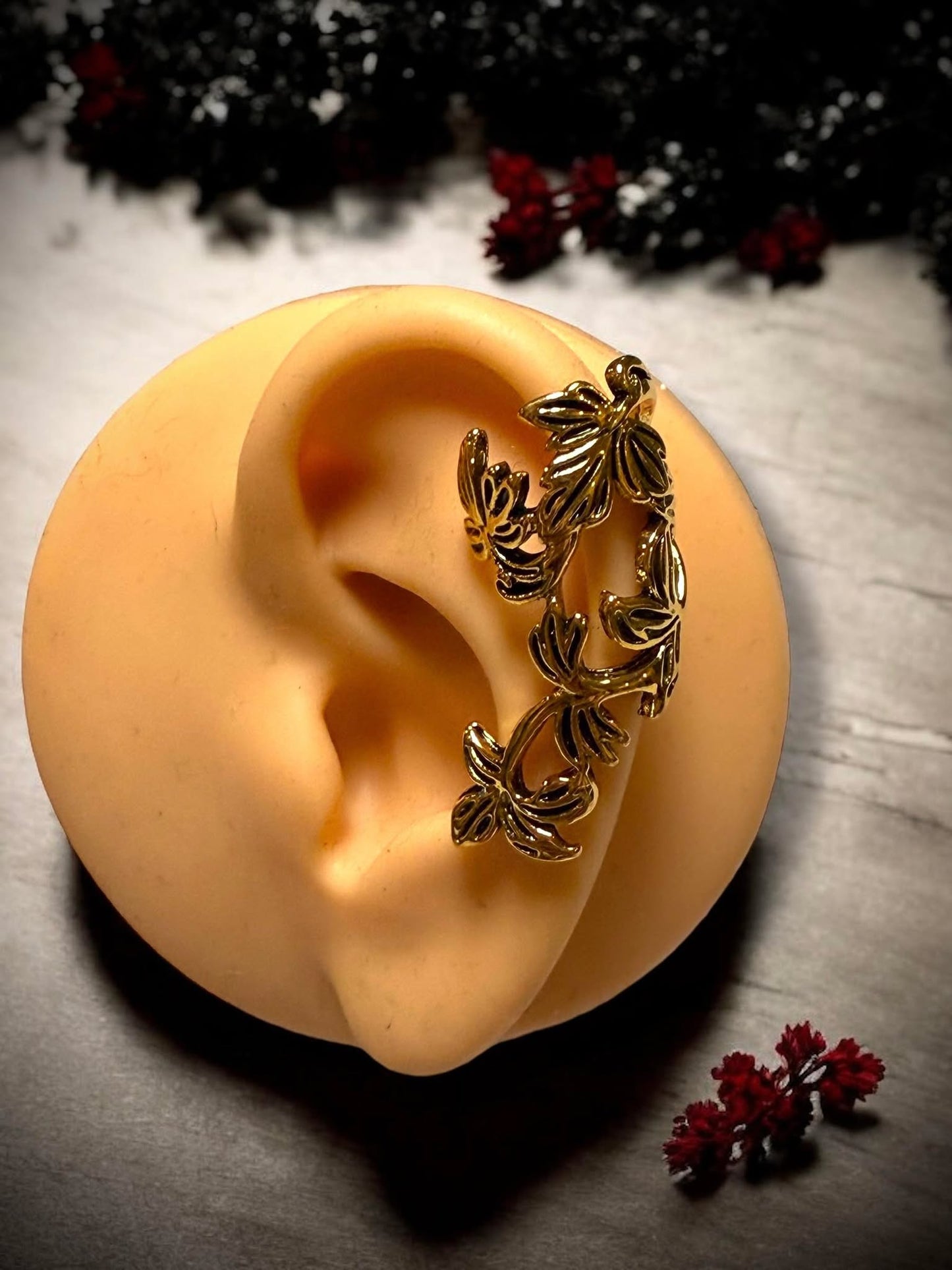 Gold or Silver Flower Leaf No Piercing Earring Cuff Clip Halloween Gift Ideas Rock Style Oddity Edgy Alternative Emo Costume Witch Punk Rock