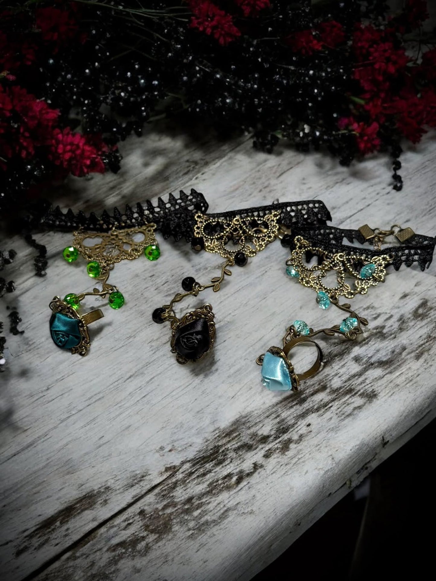 Flower Vine Crystal Lace Bracelet with Adjustable Ring Rose Gift Idea Oddity Jewelry Gothic Costume Woman Fantasy Vampire Dress Up #601