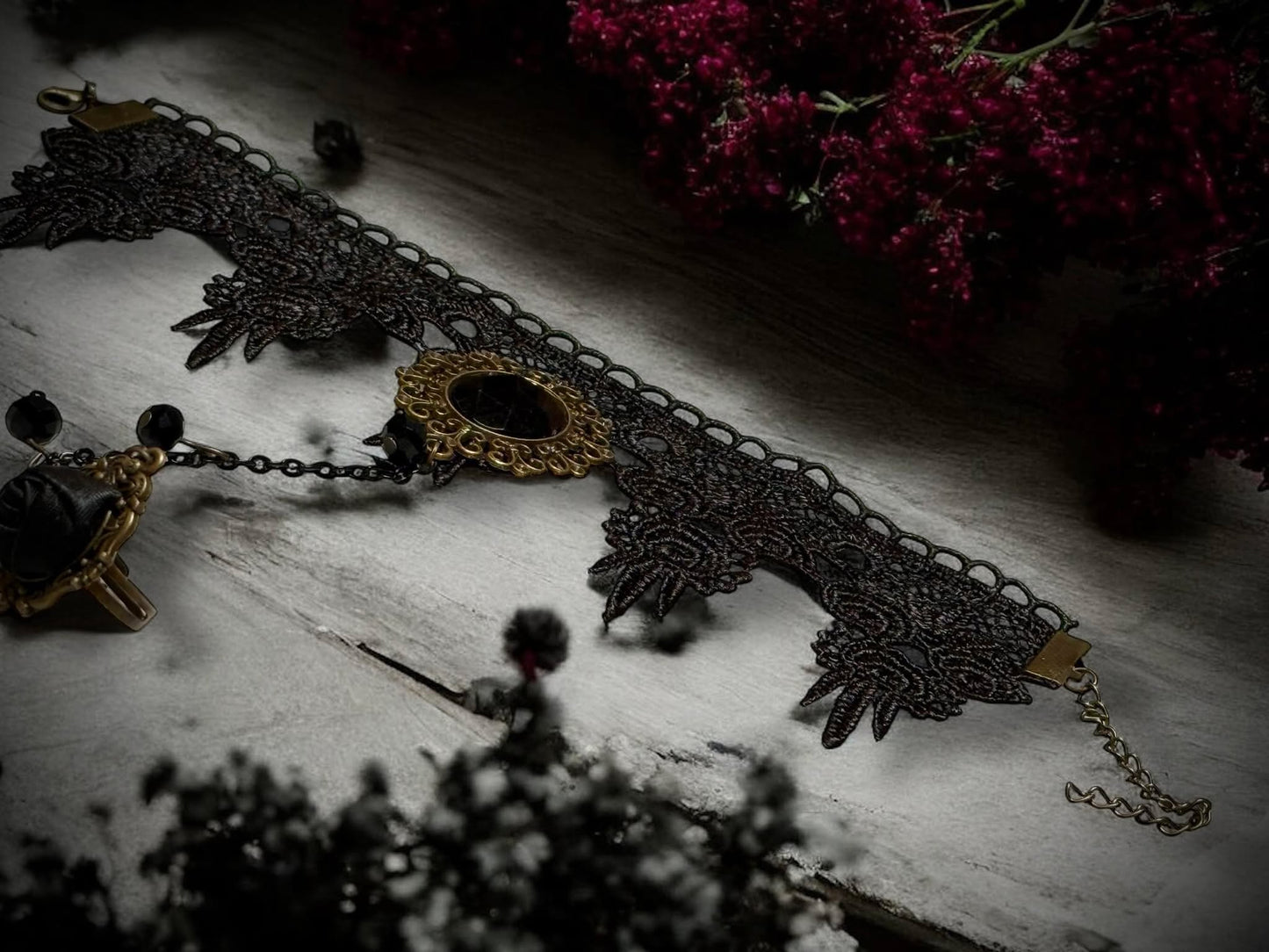 Black Rose Lace Faux Gem Punk Ring Adjustable Bracelet Gift Idea Oddity Jewelry Gothic Halloween Costume Woman Fantasy Vampire Dress Up Punk