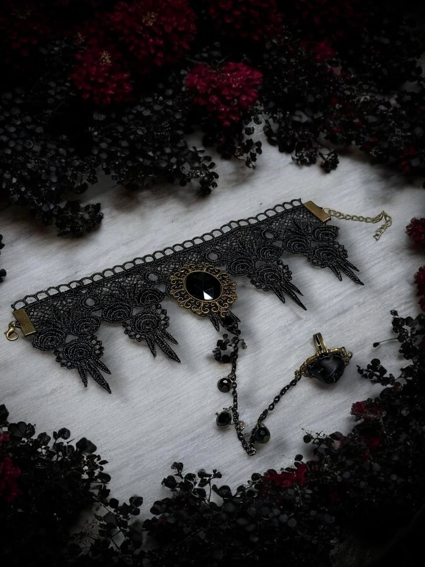 Black Rose Lace Faux Gem Punk Ring Adjustable Bracelet Gift Idea Oddity Jewelry Gothic Halloween Costume Woman Fantasy Vampire Dress Up Punk