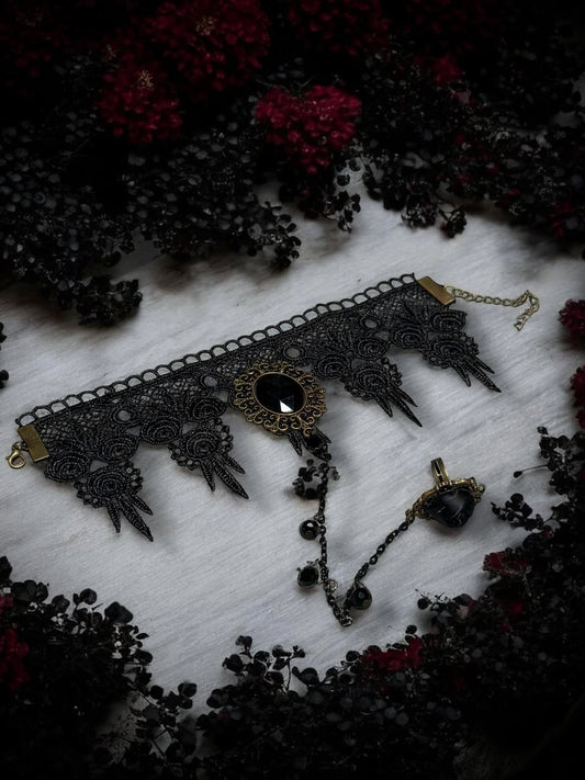 Black Rose Lace Faux Gem Punk Ring Adjustable Bracelet Gift Idea Oddity Jewelry Gothic Halloween Costume Woman Fantasy Vampire Dress Up Punk