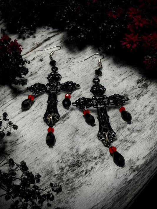Gothic Black Cross Red Jeweled Earrings Dangle Earrings, Punk Rock, Witchy Halloween Gift Idea Oddity Jewelry Cosplay Dress Up #619