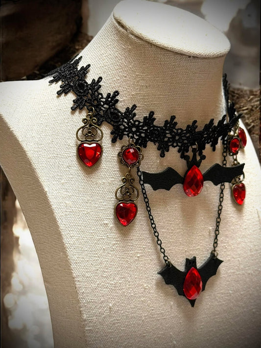 Gothic Red Jeweled Bat Lace Choker Necklace Black Gift Idea Oddity Jewelry Gothic Costume Woman Fantasy Vampire Dress Up Punk #306