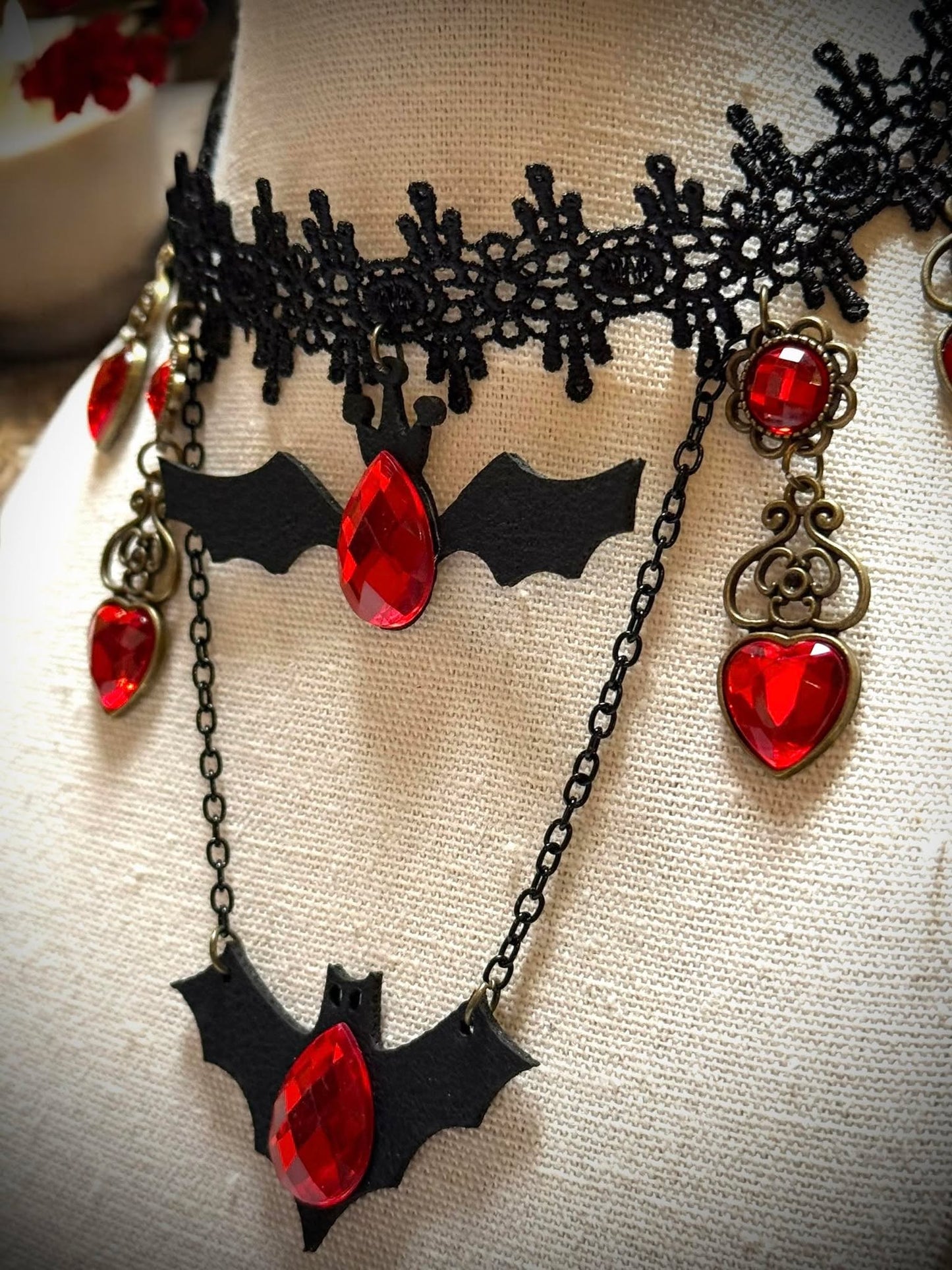 Gothic Red Jeweled Bat Lace Choker Necklace Black Gift Idea Oddity Jewelry Gothic Costume Woman Fantasy Vampire Dress Up Punk #306