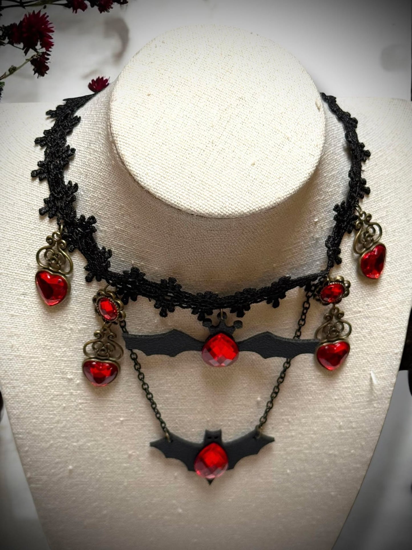 Gothic Red Jeweled Bat Lace Choker Necklace Black Gift Idea Oddity Jewelry Gothic Costume Woman Fantasy Vampire Dress Up Punk #306