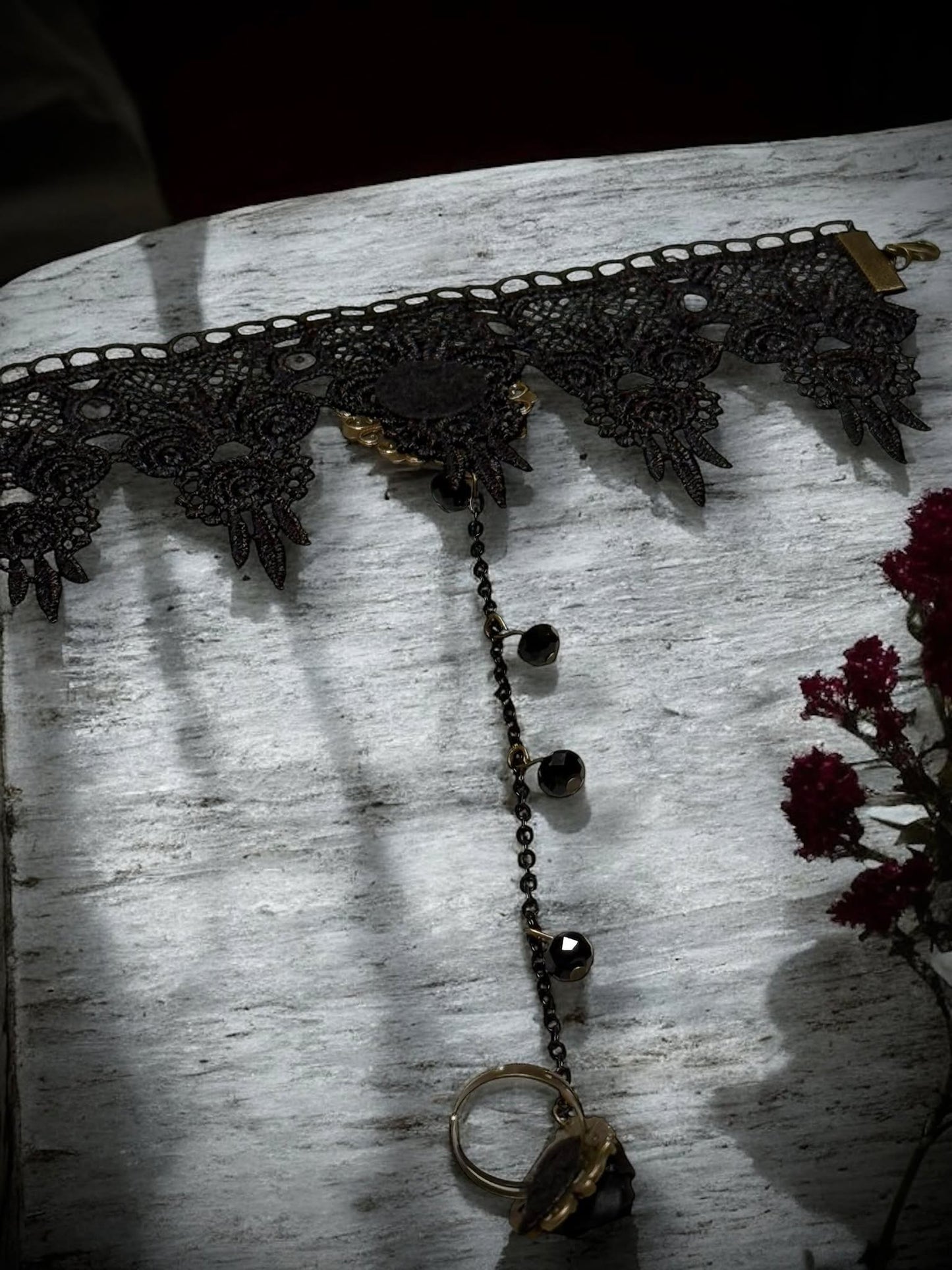 Black Rose Lace Faux Gem Punk Ring Adjustable Bracelet Gift Idea Oddity Jewelry Gothic Halloween Costume Woman Fantasy Vampire Dress Up Punk