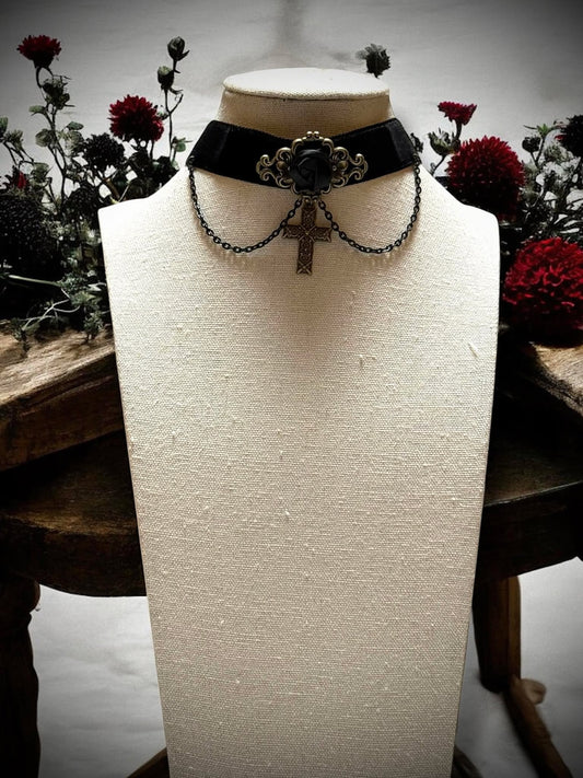 Gothic Black Rose Cross Chain Gothic Choker Necklace Gift Idea Oddity Jewelry Gothic Costume Woman Fantasy Vampire Dress Up Steam Punk #259