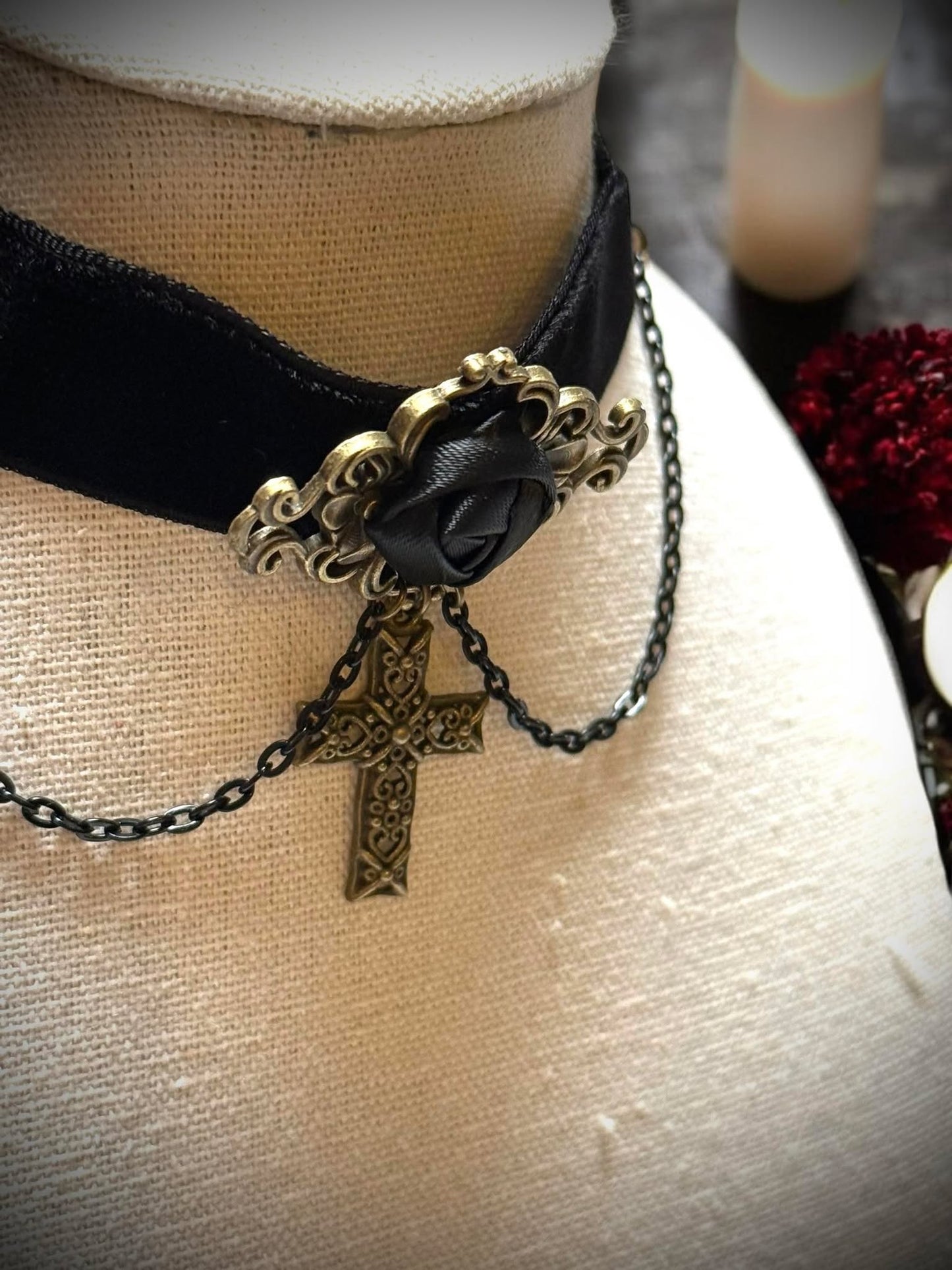 Gothic Black Rose Cross Chain Gothic Choker Necklace Gift Idea Oddity Jewelry Gothic Costume Woman Fantasy Vampire Dress Up Steam Punk #259