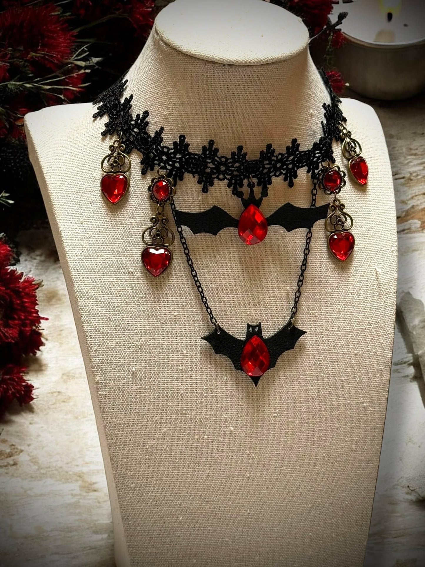 Gothic Red Jeweled Bat Lace Choker Necklace Black Gift Idea Oddity Jewelry Gothic Costume Woman Fantasy Vampire Dress Up Punk #306