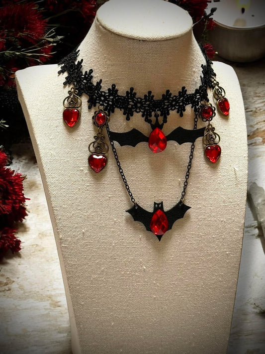 Gothic Red Jeweled Bat Lace Choker Necklace Black Gift Idea Oddity Jewelry Gothic Costume Woman Fantasy Vampire Dress Up Punk #306