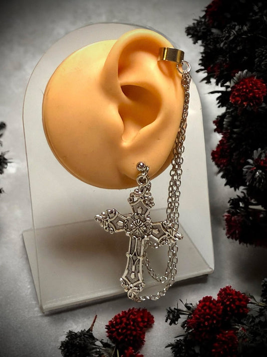 Silver Gothic Cross Earring with Dangling Chain Clip Cuff Punk Rock Steam Punk Religious Oddities Oddity Cosplay Dress Up Wiccan Vampire
