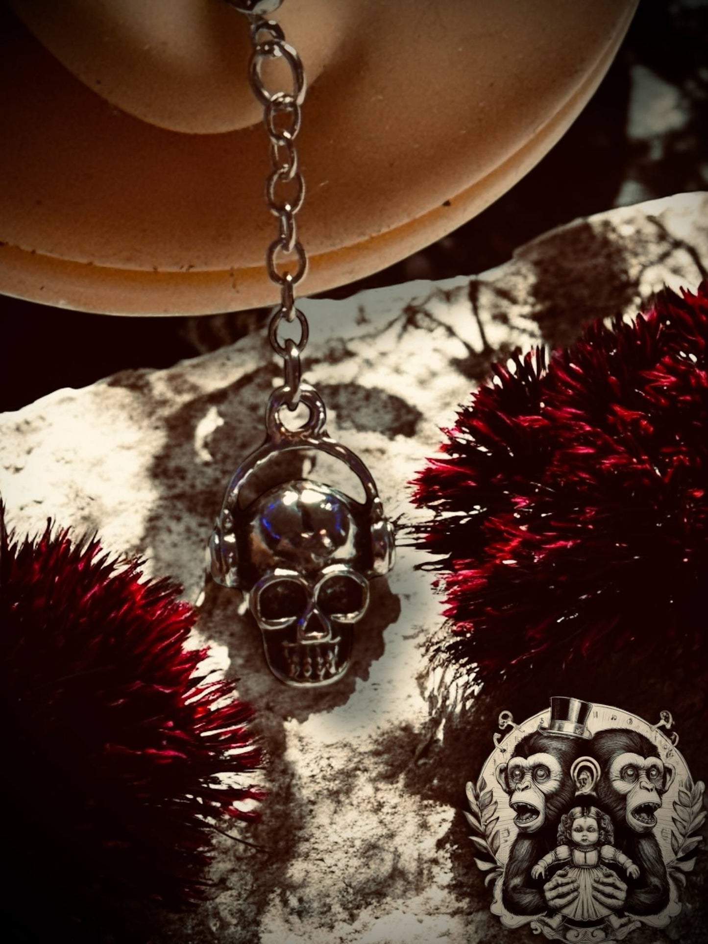 Skull with Headphone Pendant Earrings, Punk Rock, Witchy Halloween Gift Idea Oddity Jewelry Cosplay Dress Up Long Hanging