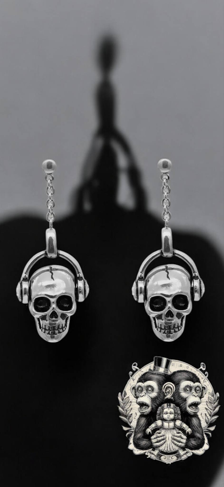 Skull with Headphone Pendant Earrings, Punk Rock, Witchy Halloween Gift Idea Oddity Jewelry Cosplay Dress Up Long Hanging