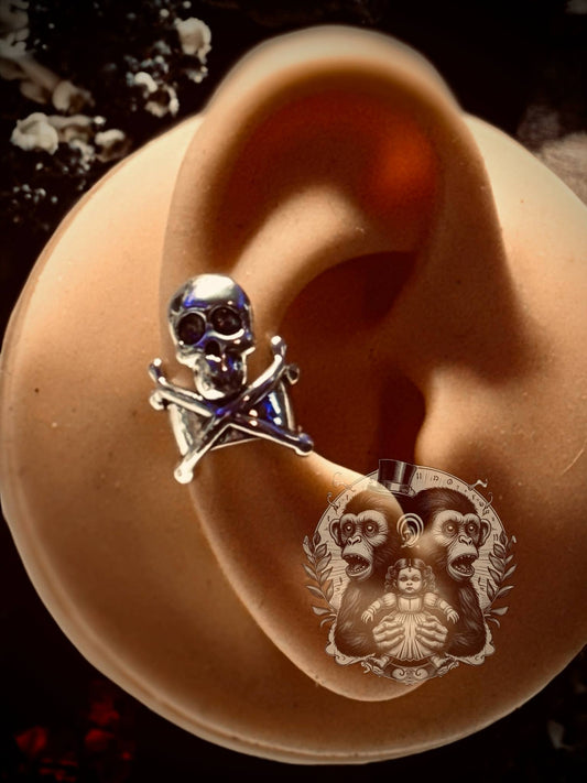 Silver Skull and bones No Piercing Ear Cuff Clip Halloween Gift Ideas Rock Style Oddity Edgy Alternative Emo Costume Witch Punk Rock