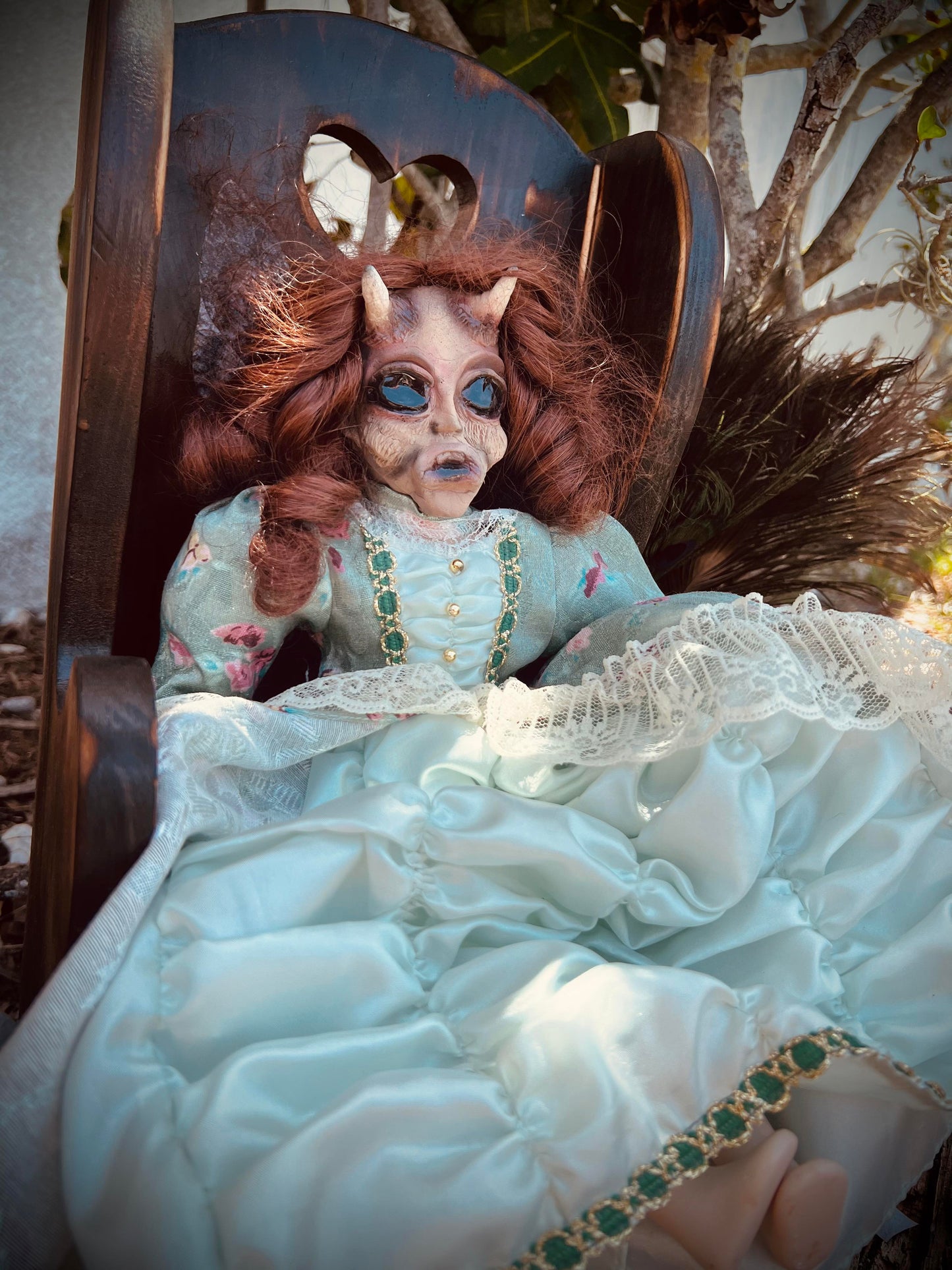 Meet Tristessa 16" Vintage Baby Porcelain Haunted Spirt Infected Horned devil Doll Scary Poltergeist Halloween Spooky Hand Painted Gift Idea