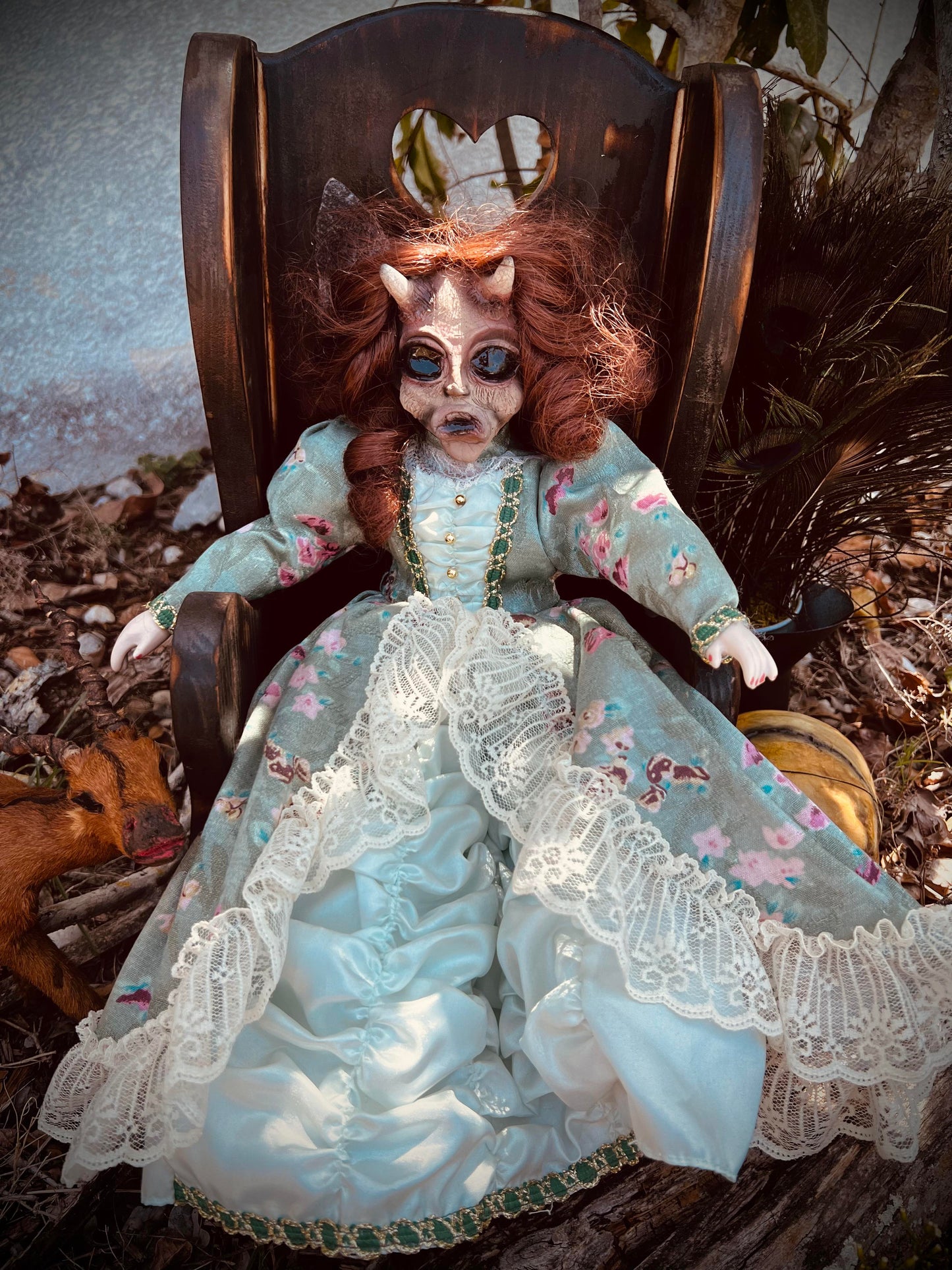 Meet Tristessa 16" Vintage Baby Porcelain Haunted Spirt Infected Horned devil Doll Scary Poltergeist Halloween Spooky Hand Painted Gift Idea