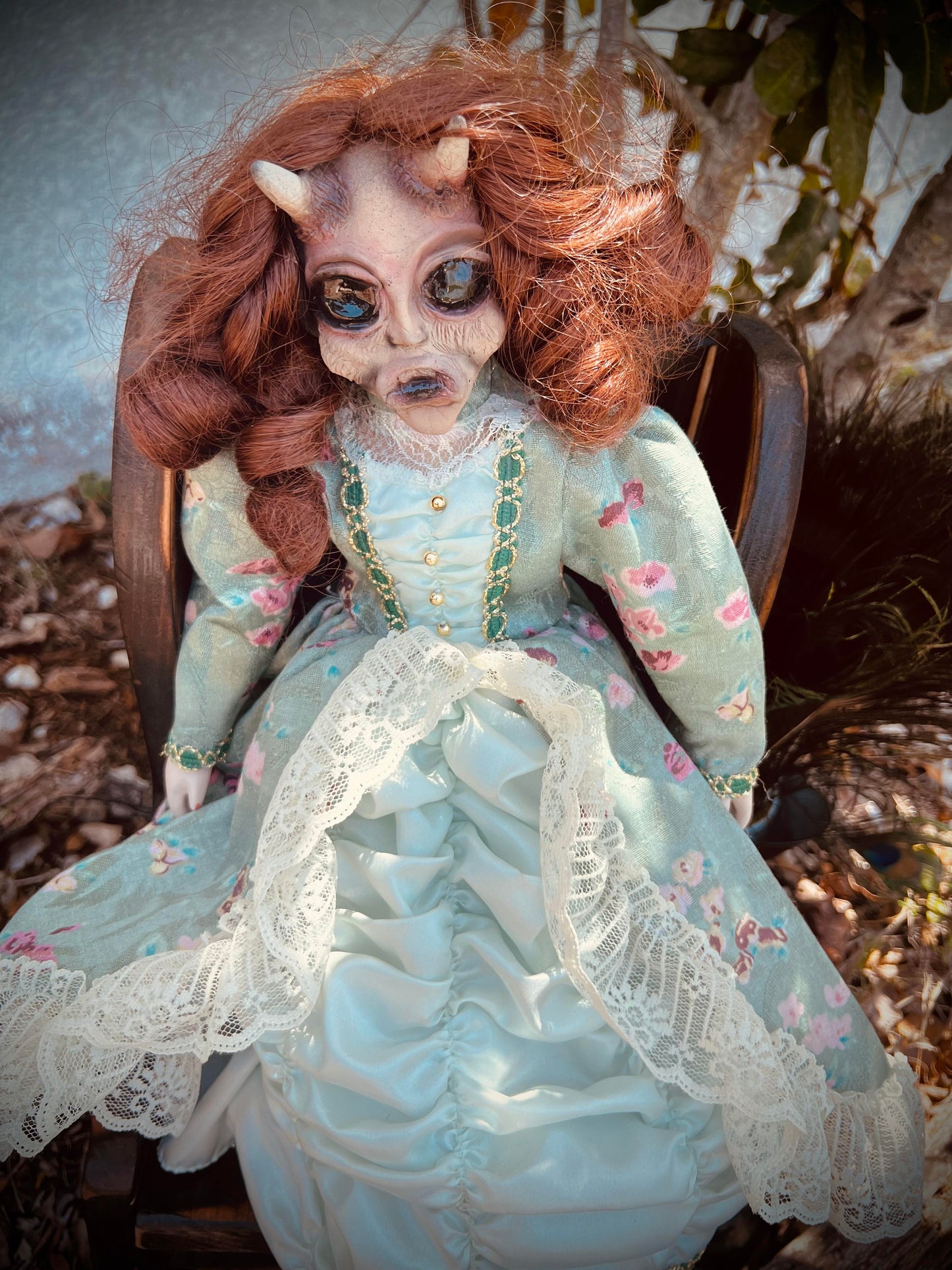 Meet Tristessa 16" Vintage Baby Porcelain Haunted Spirt Infected Horned devil Doll Scary Poltergeist Halloween Spooky Hand Painted Gift Idea