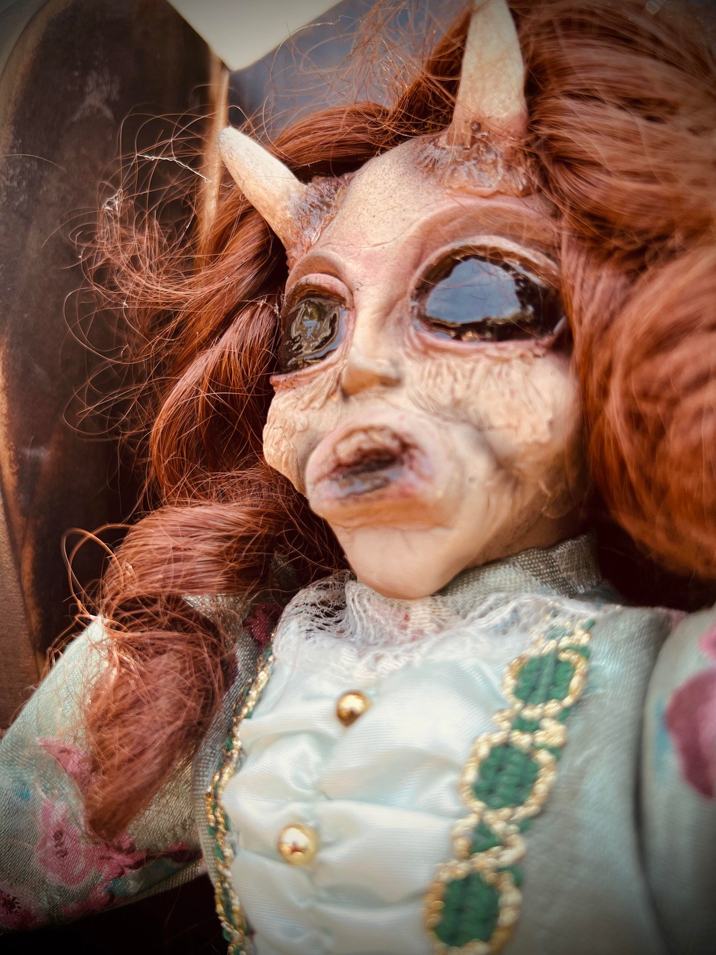 Meet Tristessa 16" Vintage Baby Porcelain Haunted Spirt Infected Horned devil Doll Scary Poltergeist Halloween Spooky Hand Painted Gift Idea