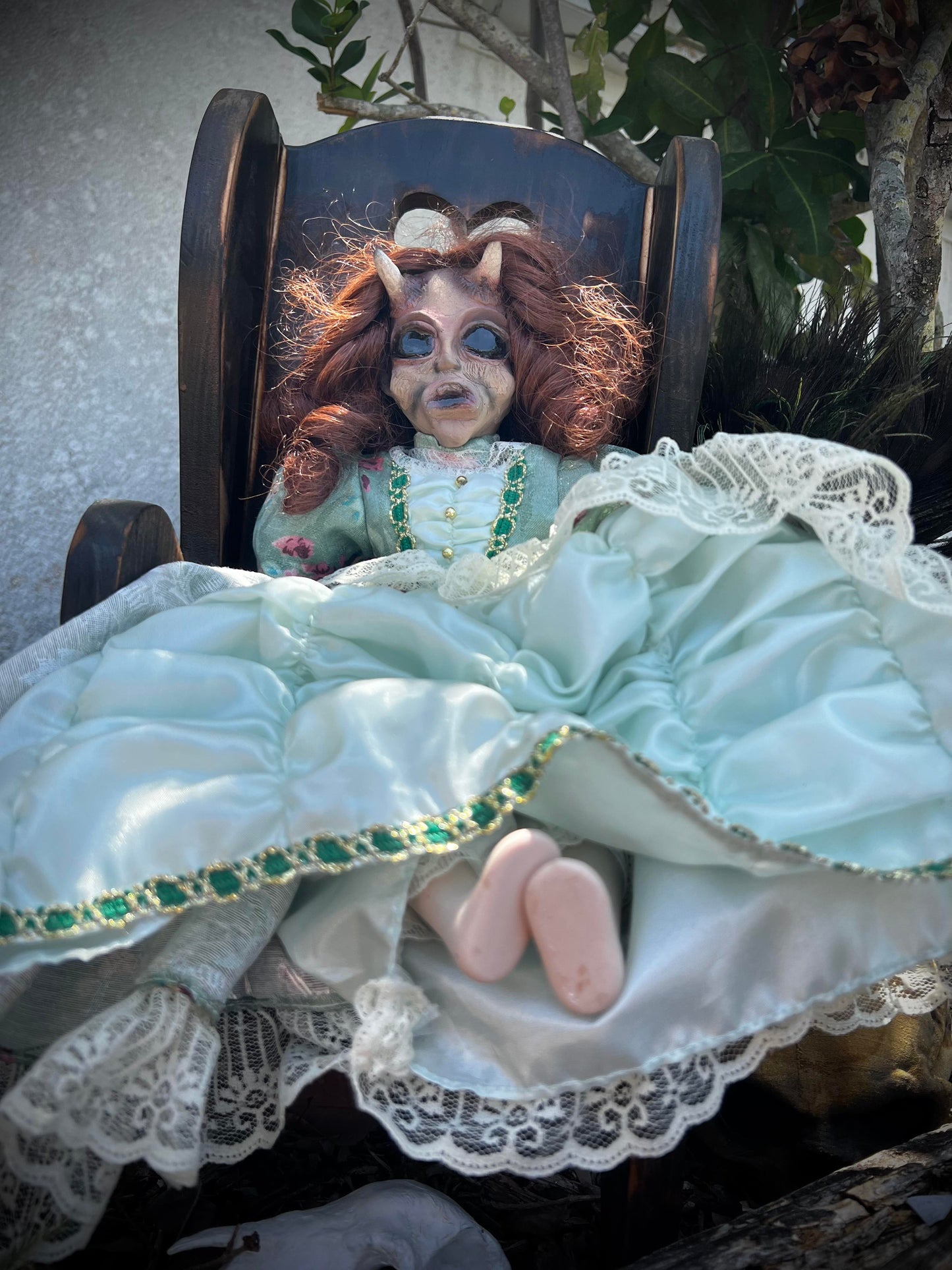 Meet Tristessa 16" Vintage Baby Porcelain Haunted Spirt Infected Horned devil Doll Scary Poltergeist Halloween Spooky Hand Painted Gift Idea