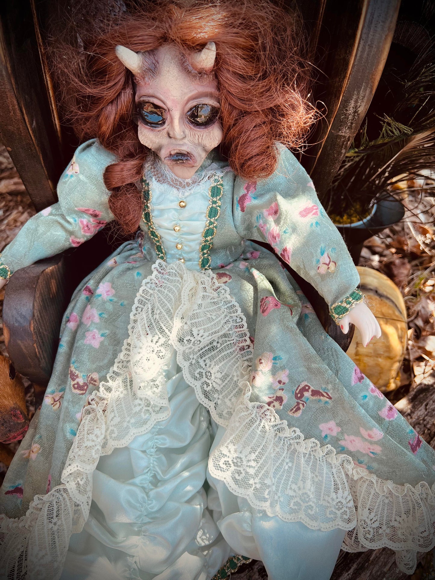 Meet Tristessa 16" Vintage Baby Porcelain Haunted Spirt Infected Horned devil Doll Scary Poltergeist Halloween Spooky Hand Painted Gift Idea