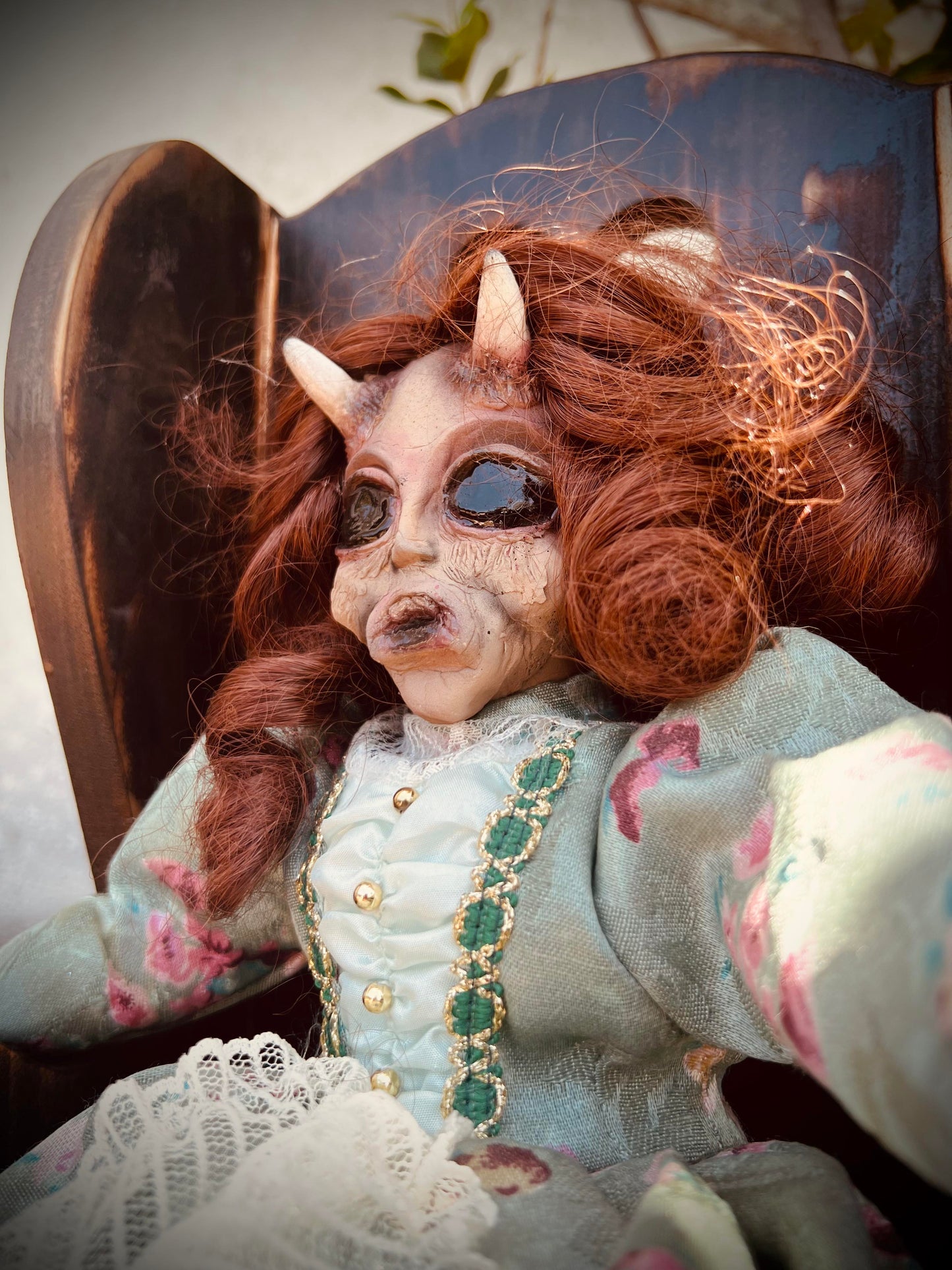 Meet Tristessa 16" Vintage Baby Porcelain Haunted Spirt Infected Horned devil Doll Scary Poltergeist Halloween Spooky Hand Painted Gift Idea