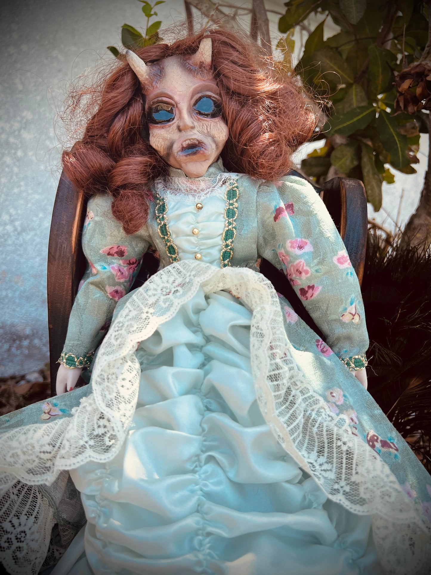 Meet Tristessa 16" Vintage Baby Porcelain Haunted Spirt Infected Horned devil Doll Scary Poltergeist Halloween Spooky Hand Painted Gift Idea