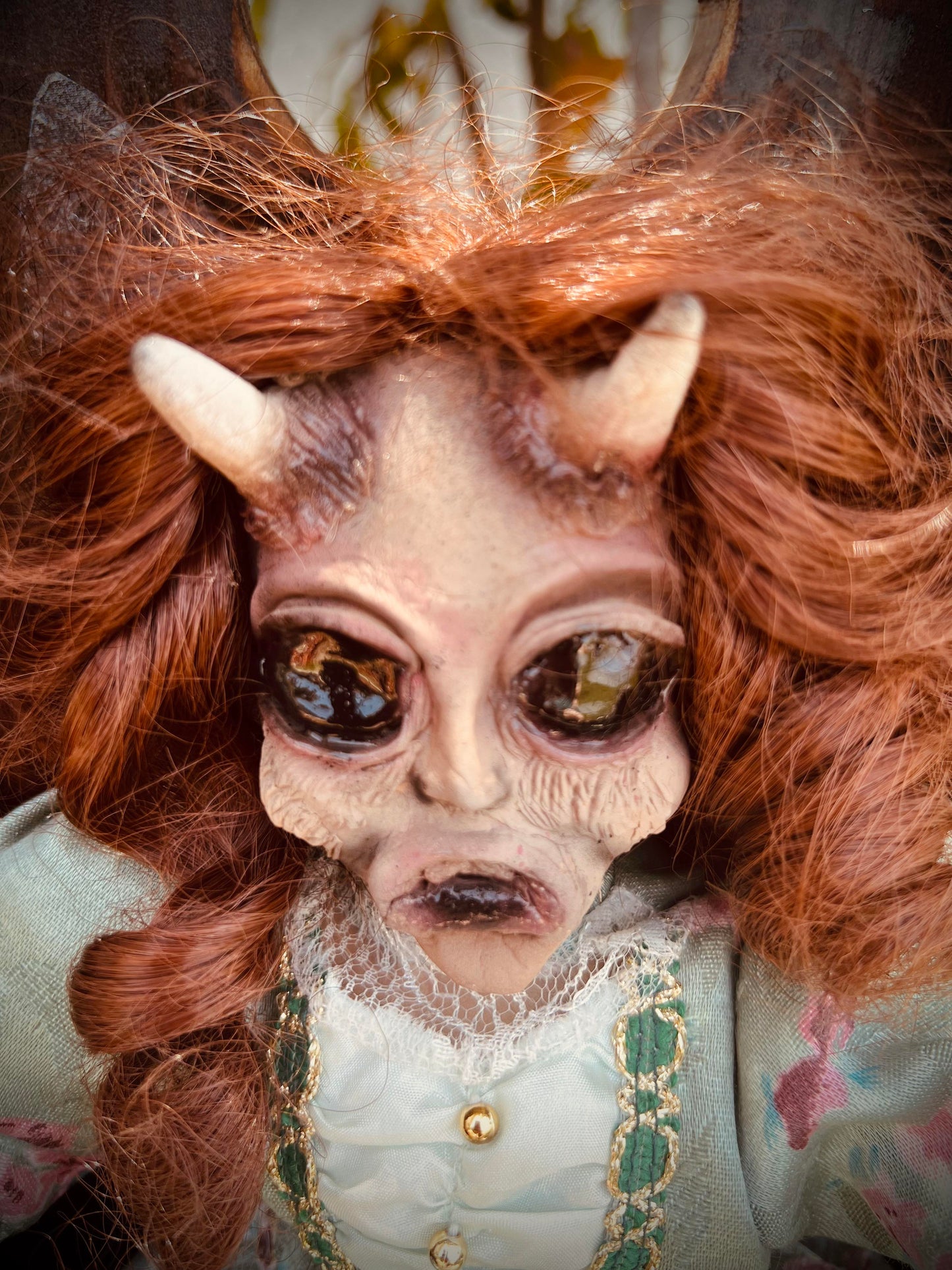 Meet Tristessa 16" Vintage Baby Porcelain Haunted Spirt Infected Horned devil Doll Scary Poltergeist Halloween Spooky Hand Painted Gift Idea