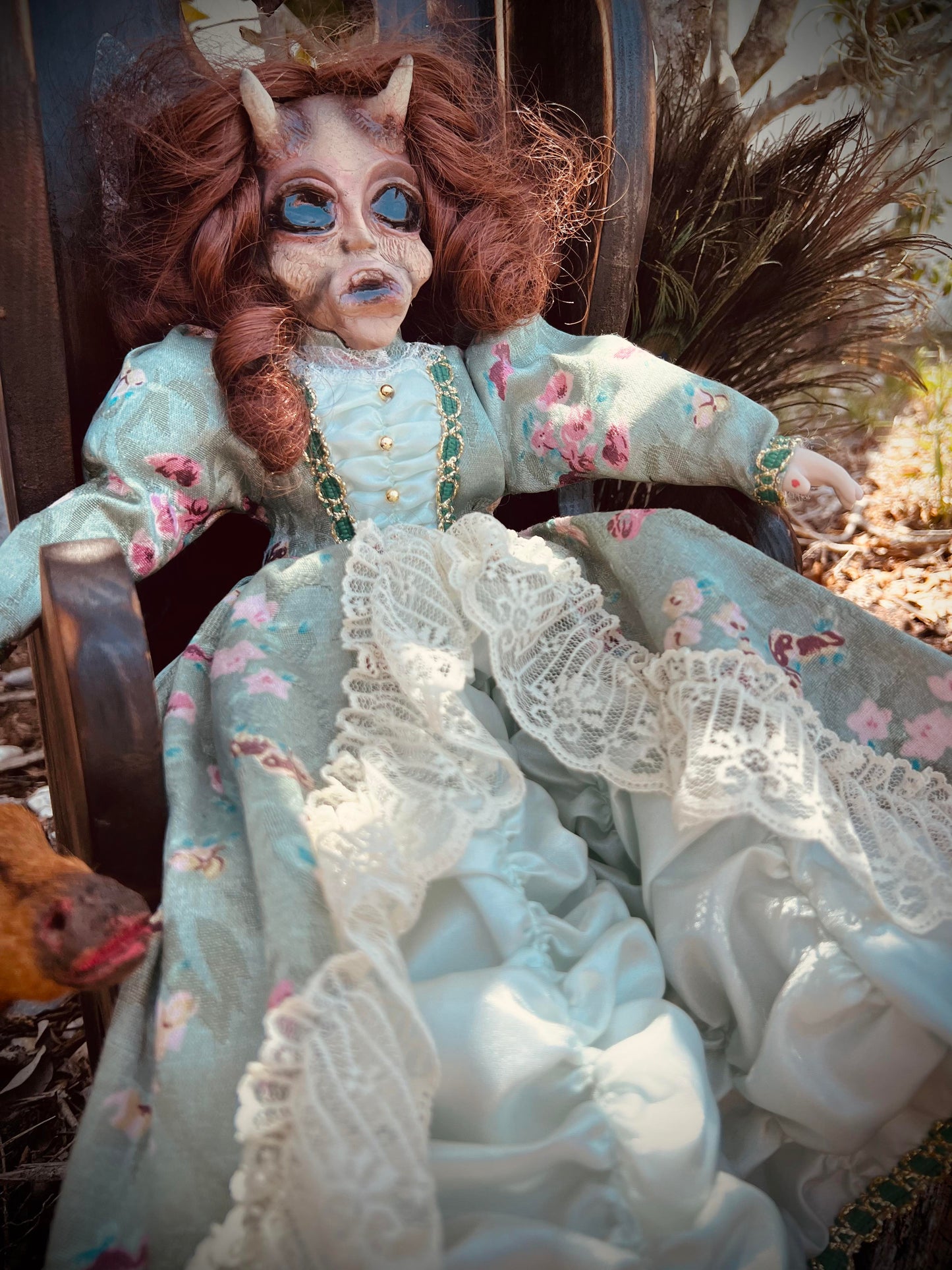 Meet Tristessa 16" Vintage Baby Porcelain Haunted Spirt Infected Horned devil Doll Scary Poltergeist Halloween Spooky Hand Painted Gift Idea