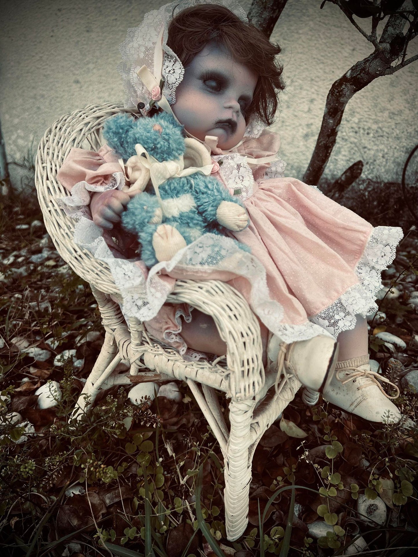 Meet Bonnie 16" Sitting Doll Porcelain Wicker Chair Haunted Spirit Infected Scary Spooky Zombie Possessed Easter Gothic Positive Energy